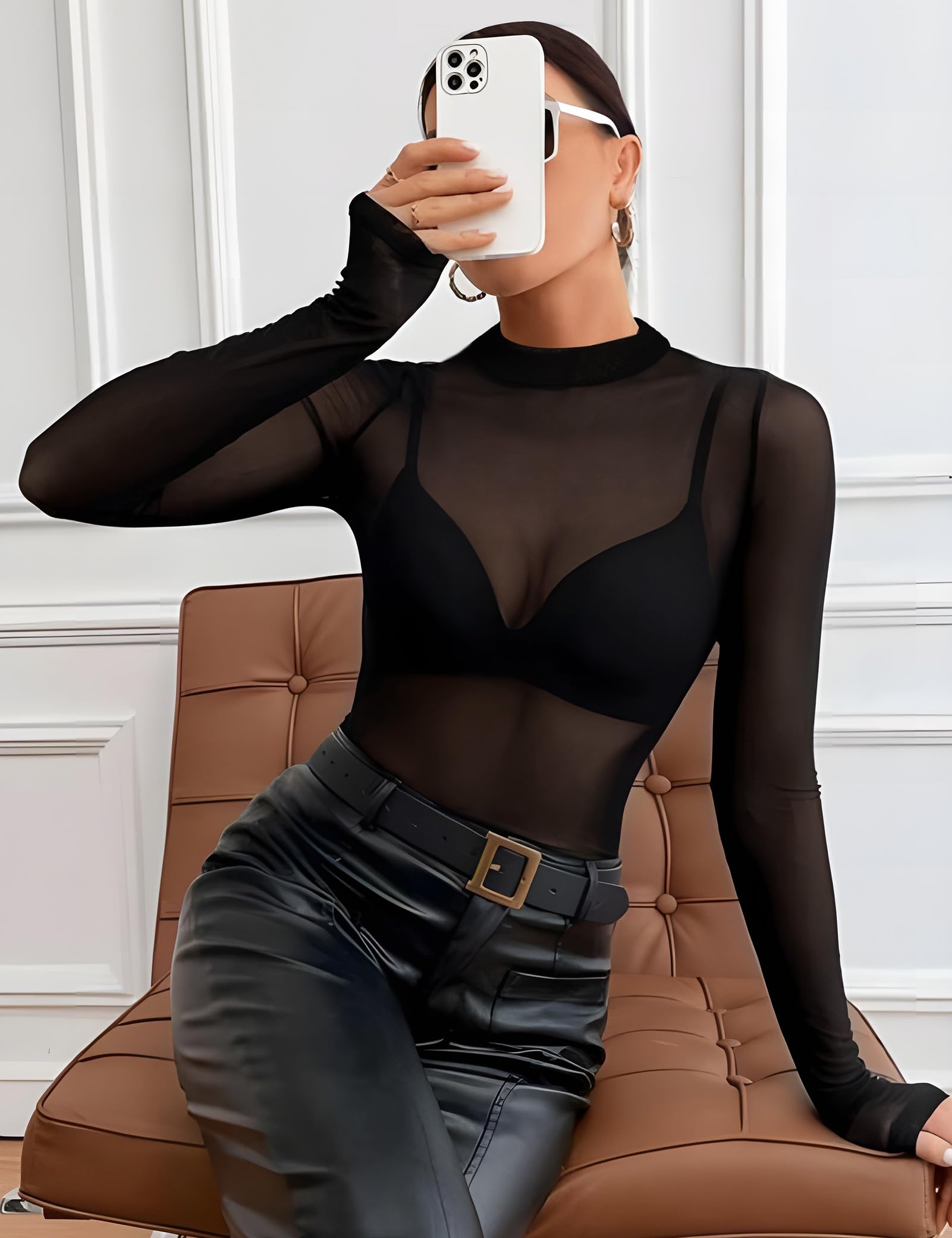 Kiiwah Damen Mesh Oberteile Transparentes Netzoberteil Sexy Schwarz Mesh T-Shirt Durchsichtig Langarmshirt Mesh Bluse Tops Club Netz Oberteile Bluse Tunika Clubwear Party