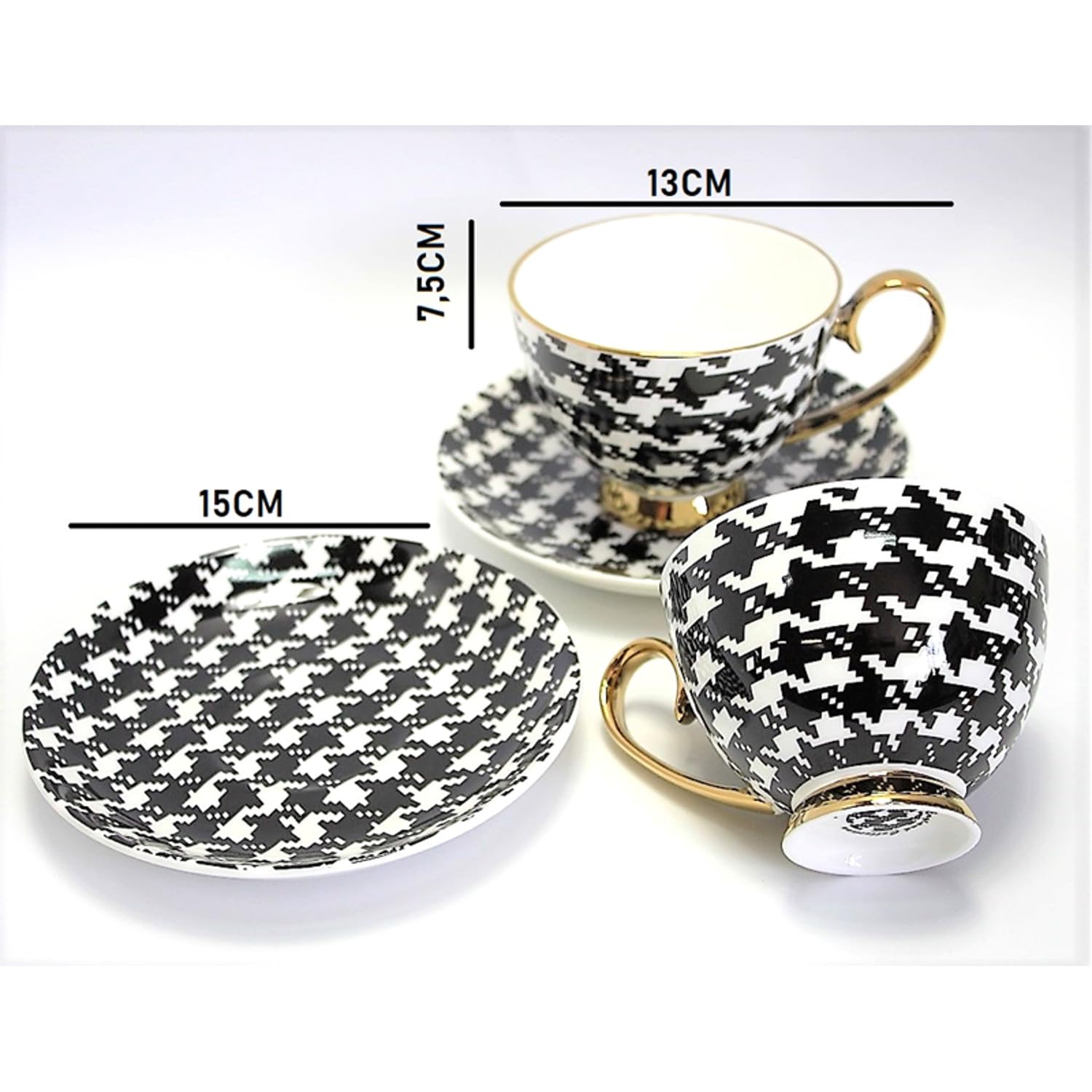 Set di 2 Tazzine da Caffè in Porcellana con Piattino, Motivo Pied de Poule Bianco e Nero, Dettagli Dorati, Elegante Confezione Regalo