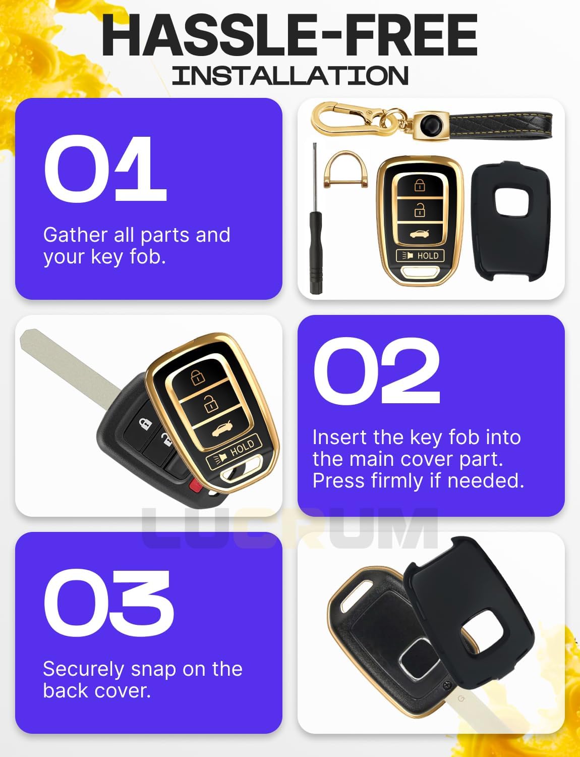 2-Pack for Honda Key Fob Cover and Leather Keychain - Black and Gold & Blue and Gold