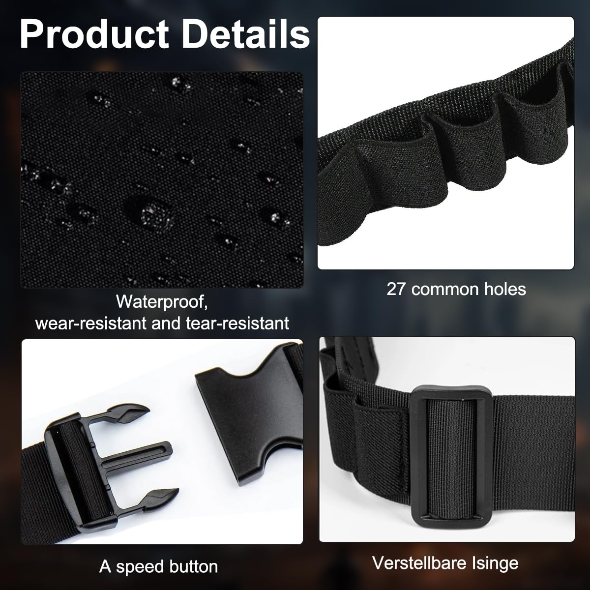 Cintura per Proiettili Cintura, 27 Fori Cintura per Cartucce in Nylon, Cintura per Cartucce da Caccia Regolabile Lunga 130 cm, Bandoliera per Calibro 12GA per Caccia