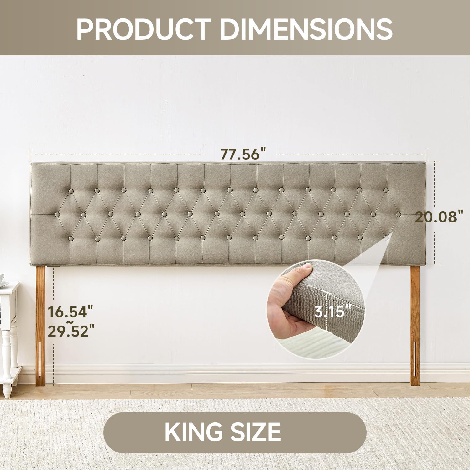 Upholstered Headboard King Size, Durable and Stable Bed Headboard with Solid Wood Legs, Adjustable Height from 37" to 51" Modern Head Board, Khaki