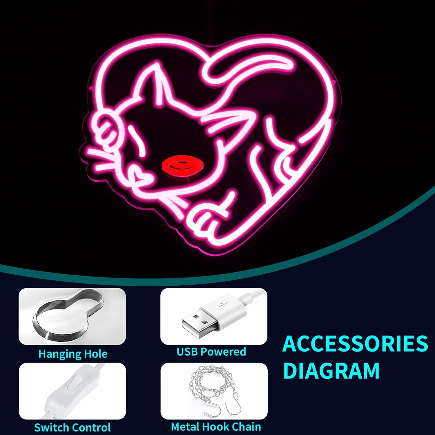 Cat Neon Sign, JGHTURIE Pink Neon Signs for Wall Decor, Cute Animal Light Up Signs Game Party Bar Led Sign for Man Cave Decor, USB Powered
