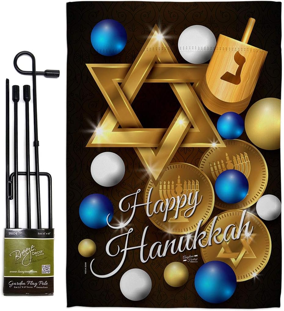 Happy Hanukkah Garden Flag Set with Stand Wintertime Candle Bonsai Menorah Jewish Chanukah David Small Decorative Gift Yard House Banner Double-Sided Made In USA 13 X 18.5