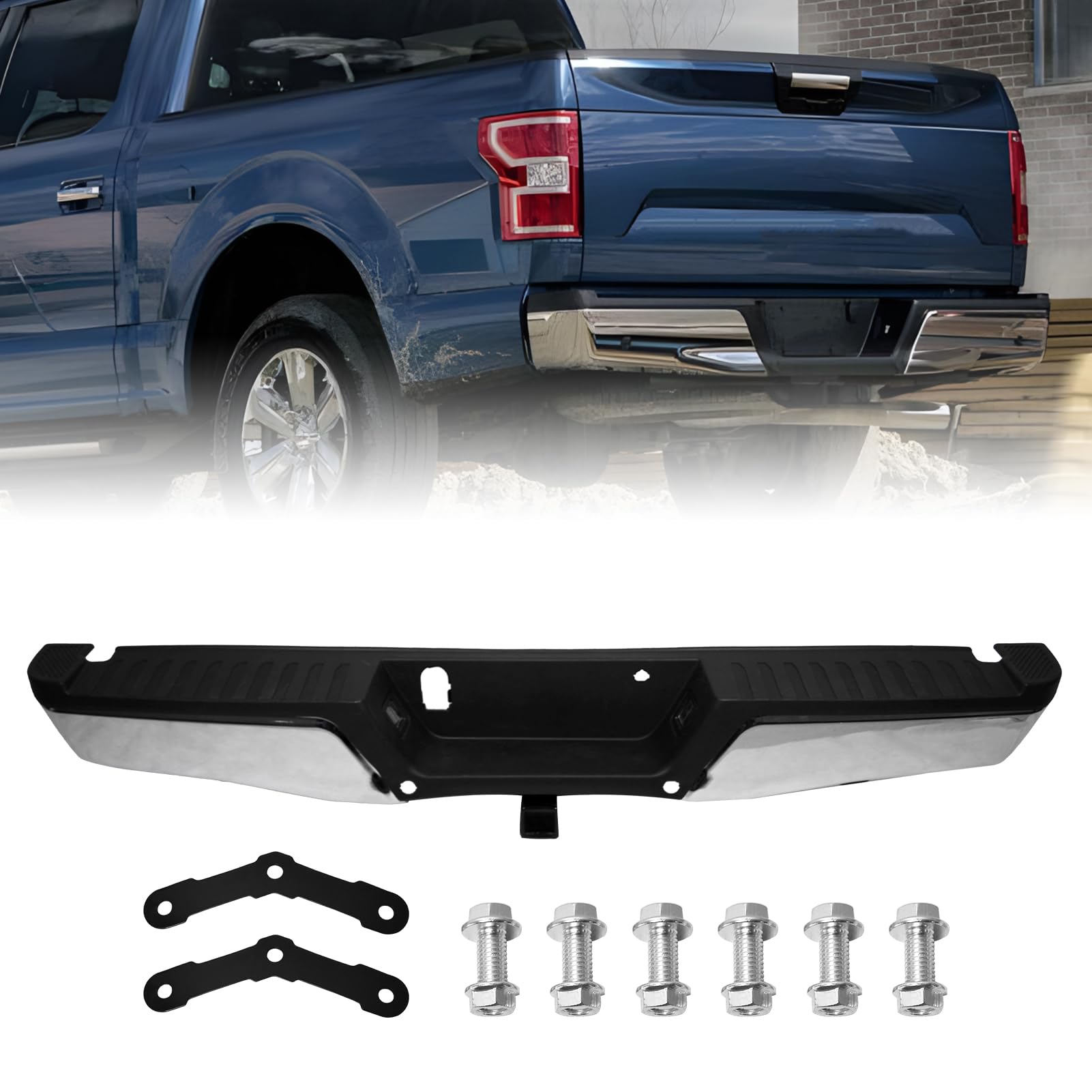 Rear Step Bumper Assembly Compatible with Ford F150 Pickup 2015-2020 Chrome Steel Rear Bumper With Max Tow Hitch Without Parking Sensor Holes Replacement for FO1103187