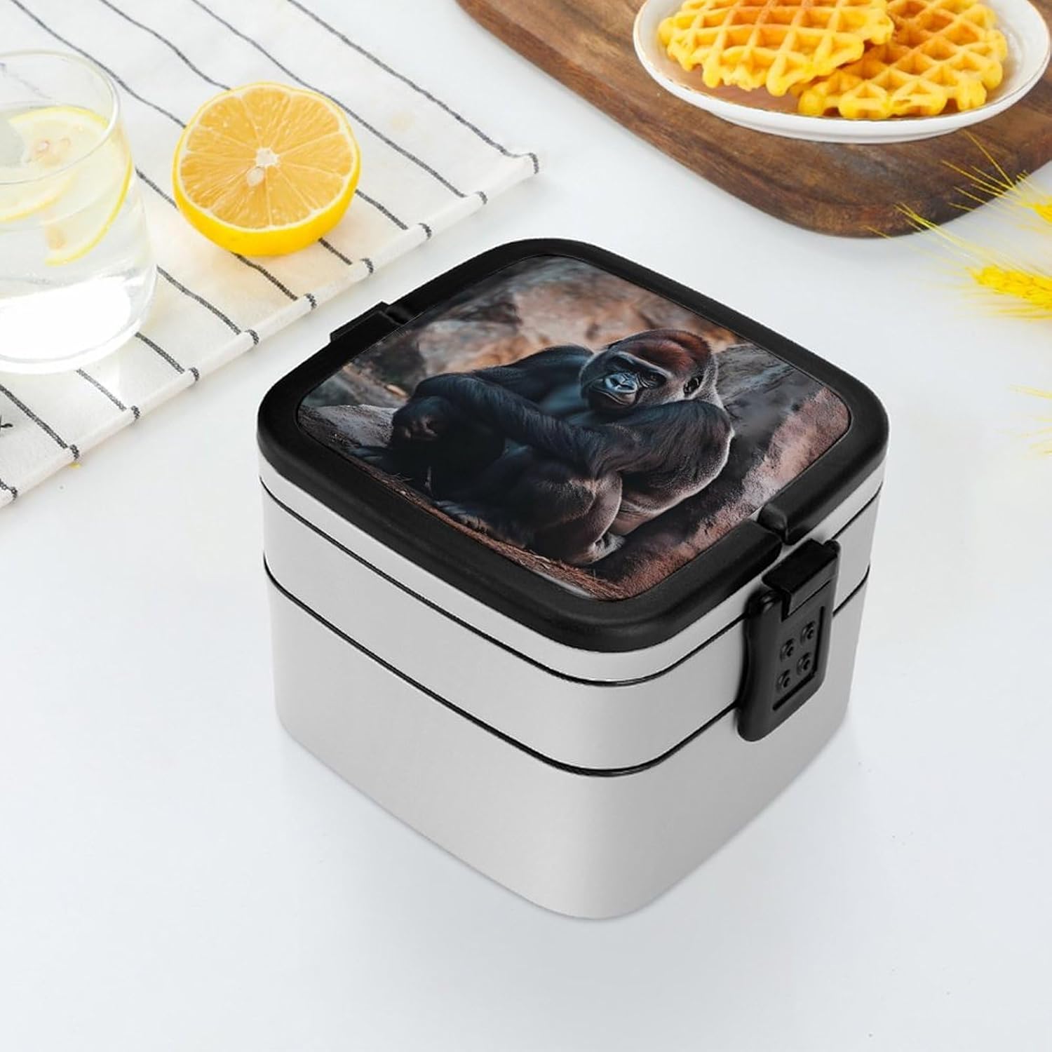 Wild Animal Gorilla Monkey Bento Box with Spoon 2 Layer Food Container Cute Lunch Box for Travel Dining Work