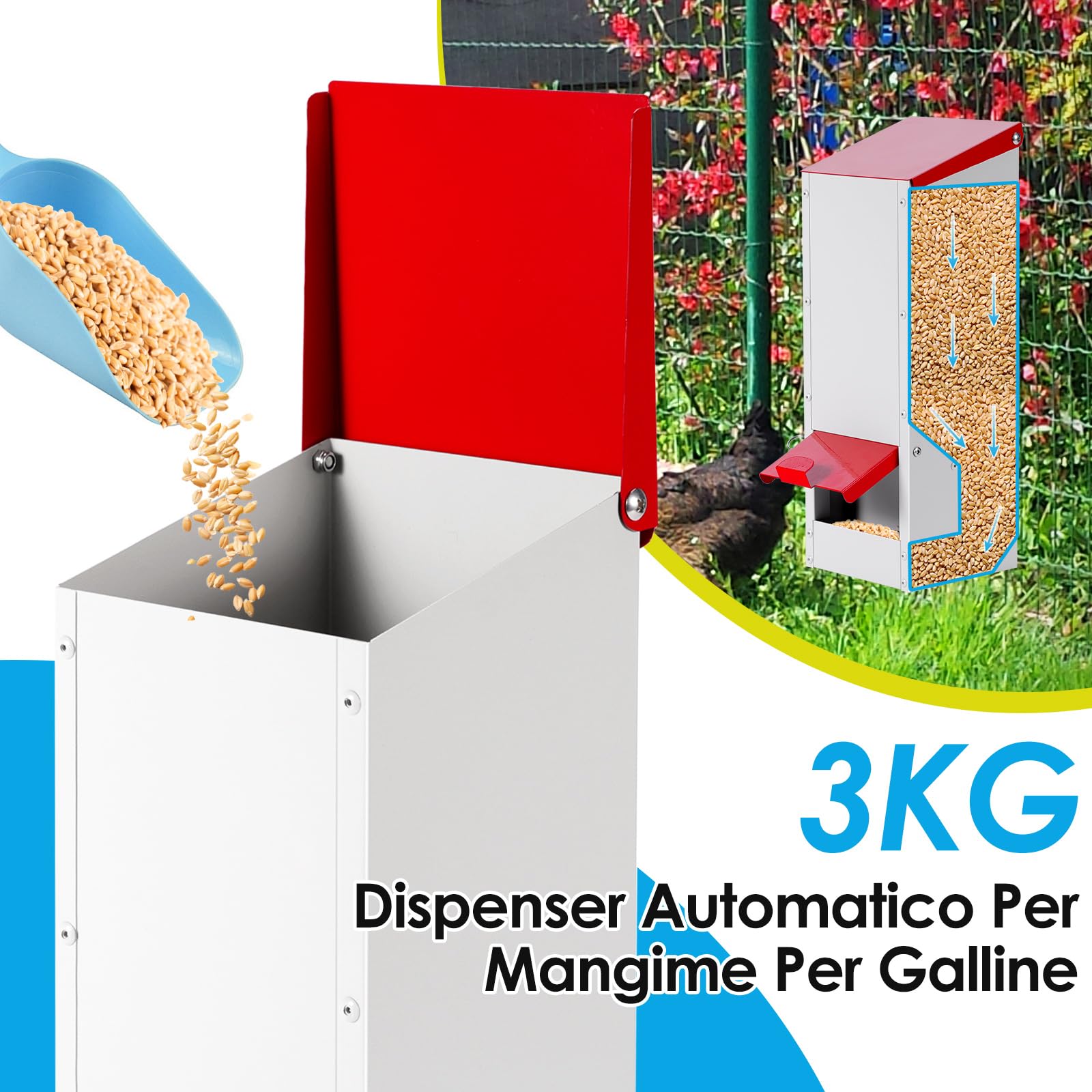 Mangiatoia per Galline a Zincata 3 Kg, Alimentatore Automatico da Appendere, Tramoggia per Polli, Antipioggia Contenitore per Granaglie, Antitopo Antispreco