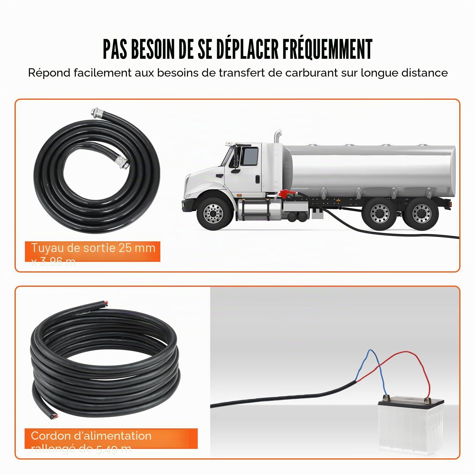 VEVOR Pompe Transfert Carburant 12 V CC 75,7 L/min 1/4 CV Pompe d'Extraction Essence avec Buse Automatique, Tuyau d'Aspiration, pour Mélange d'Essence, Diesel, Kérosène, Éthanol, Méthanol, Biodiesel