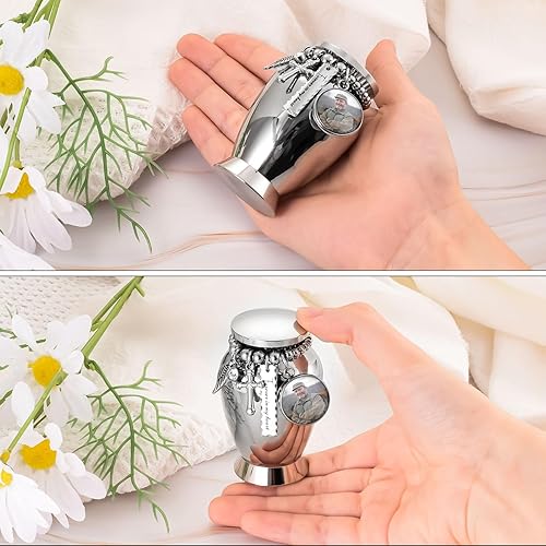 Miniatura 2 de Urnas pequeñas personalizadas para cenizas humanas de 2.85 pulgadas, pequeña urna de recuerdo con dije de cruz, mini urnas de cremación de acero