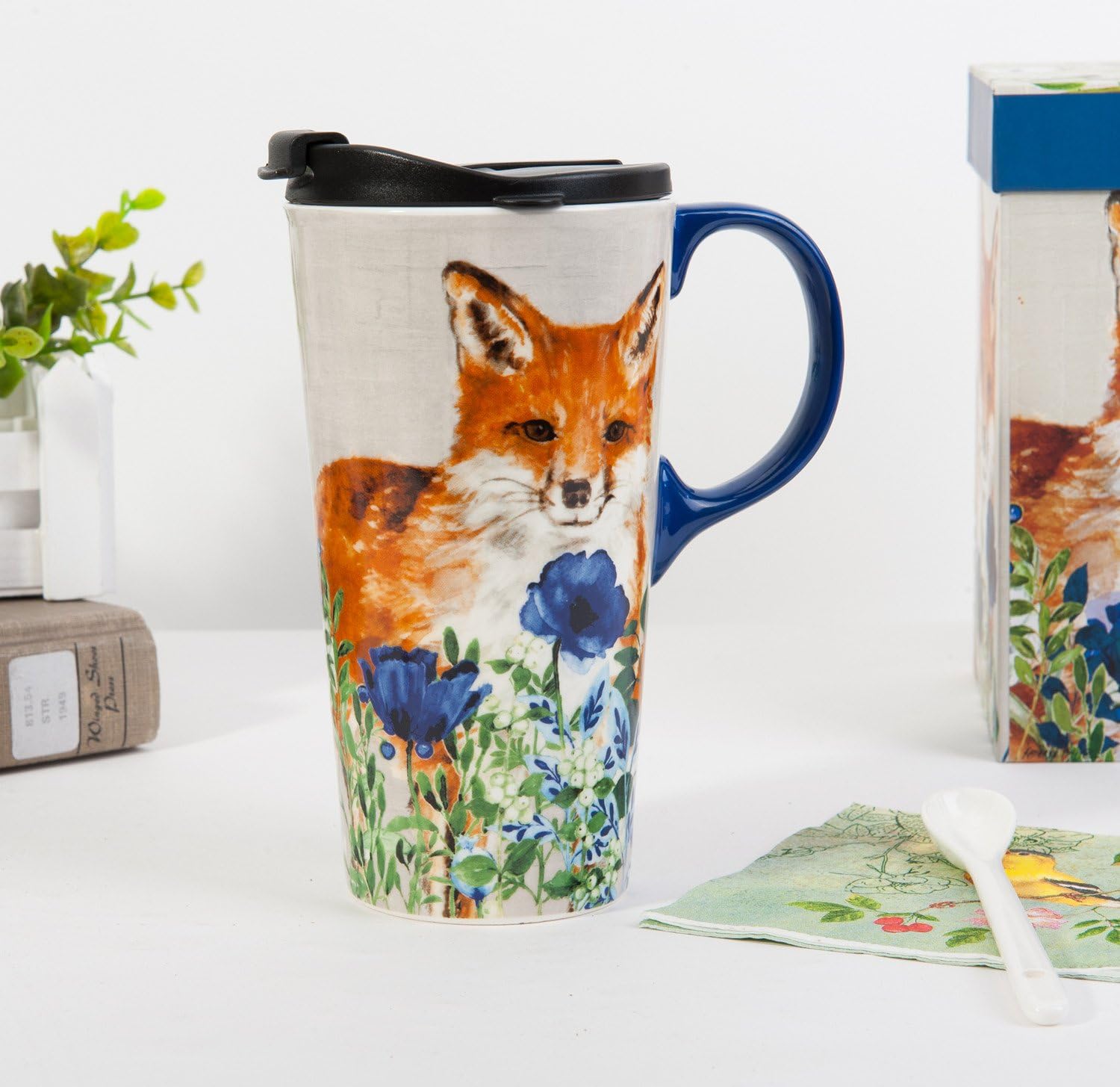 Rеvіеw Prоduсt CEDAR HOME Travel Coffee Ceramic Mug Porcelain Latte Tea Cup With Lid in Gift Box 17oz. Cute Fox