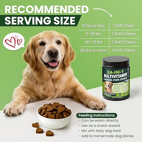 Miniatura 7 de 24-en-1 Vitaminas y suplementos para perros 200 unidades Multivitamínico masticable con glucosamina, condroitina, probióticos, Omega-3 para la piel