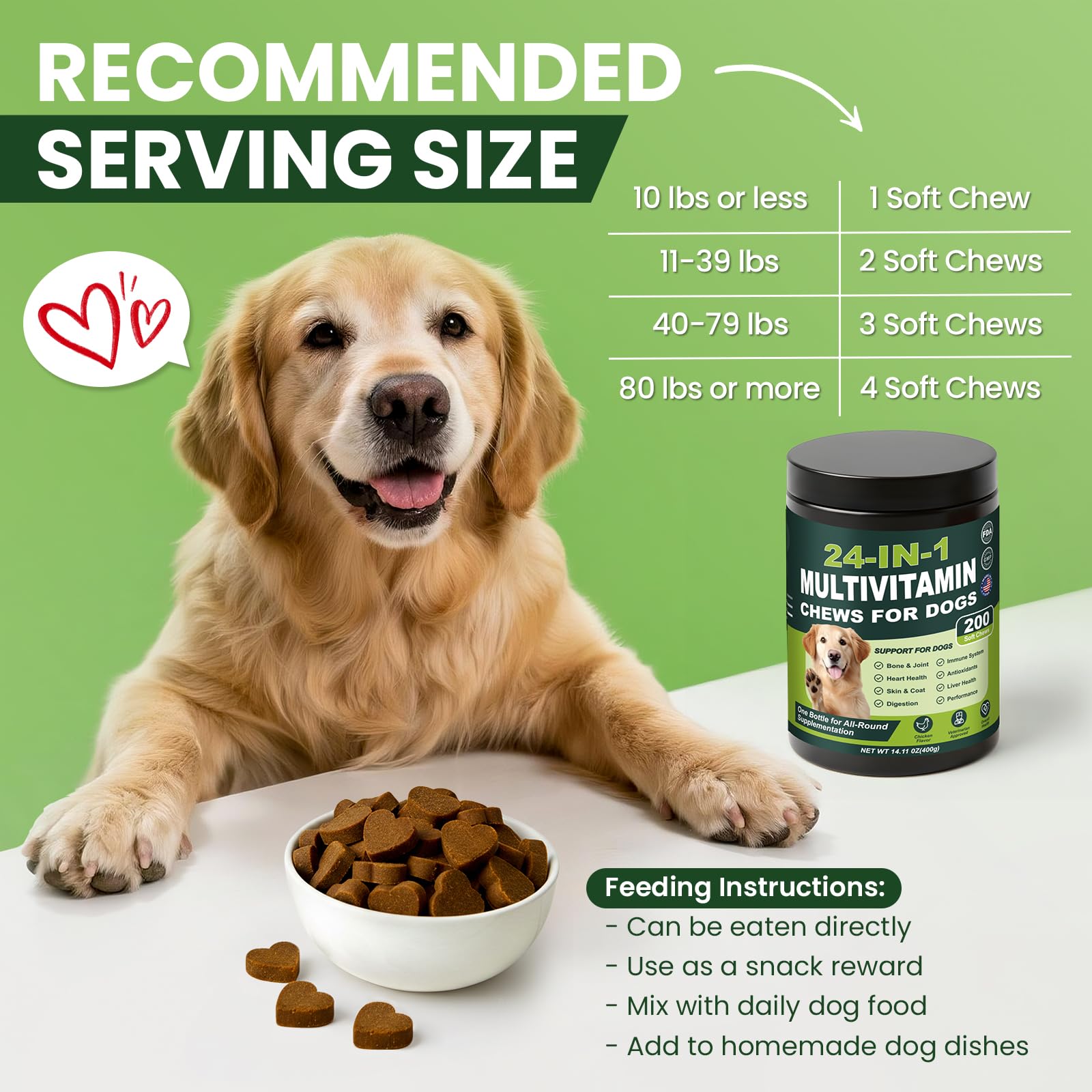 24-in-1 Dog Vitamins and Supplements 200 Ct Multivitamin for Dogs Chewable Contain Glucosamine Chondroitin Probiotics Omega-3 for Skin Coat,Hip & Joint,Heart,Liver,Brain,Eyes - Chicken Flavor - image 7