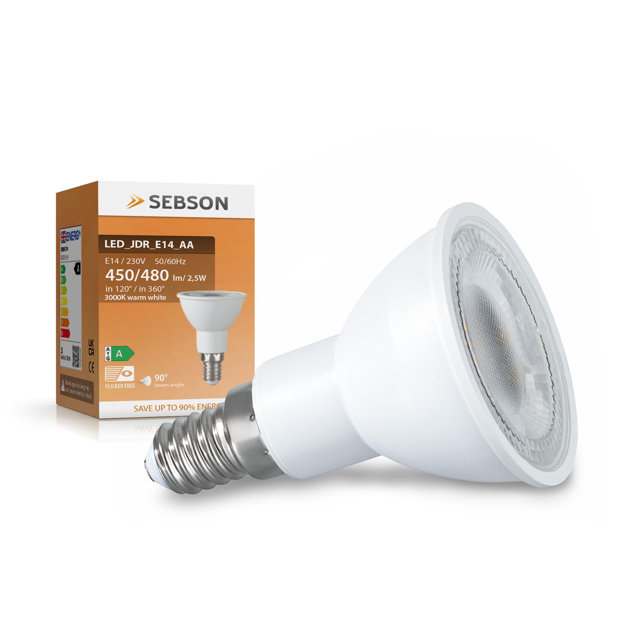 SEBSON Lampe E14 LED warmweiß 2,5W Energieeffizienzklasse A, ersetzt 50W Halogen, 450 Lumen, LED Leuchtmittel 90° 230V Reflektor ø50x70mm - 4er Set