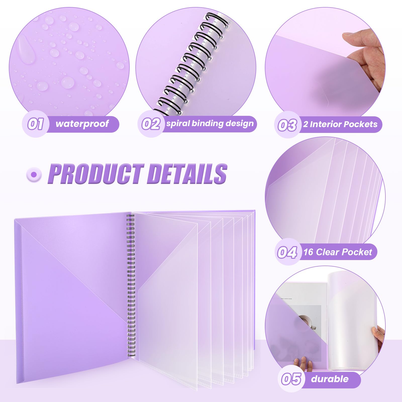 Qilery Lot de 6 chemises à spirales en plastique avec 18 poches pour documents, papiers, devoirs, classeurs, fournitures scolaires et de bureau (6 couleurs)