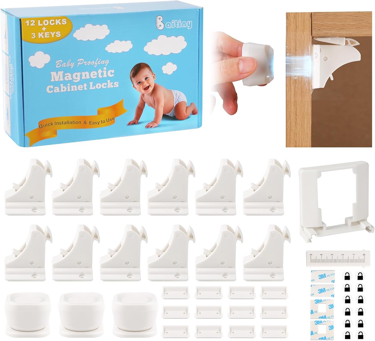 Magnetic Cabinet Locks for Baby Proofing, 12 Pack with 3 Keys | Invisible child proof cabinet locks for cabinets and drawers; no-drill adhesive installation with 3 magnetic keys included.