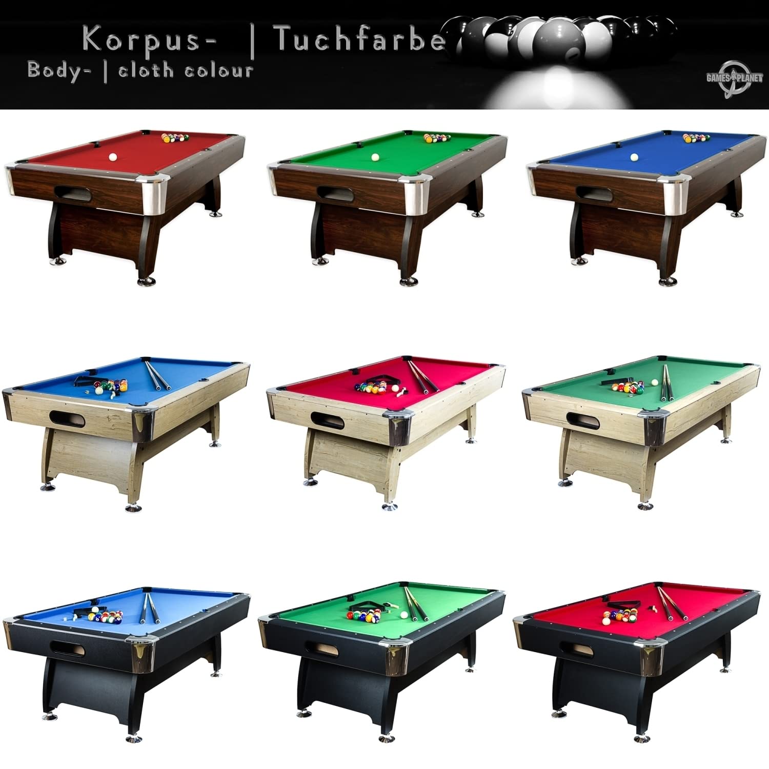 GAMES PLANET 7 ft Billardtisch Premium“ + Zubehör, 9 Farbvarianten, 214x122x82 cm (LxBxH)