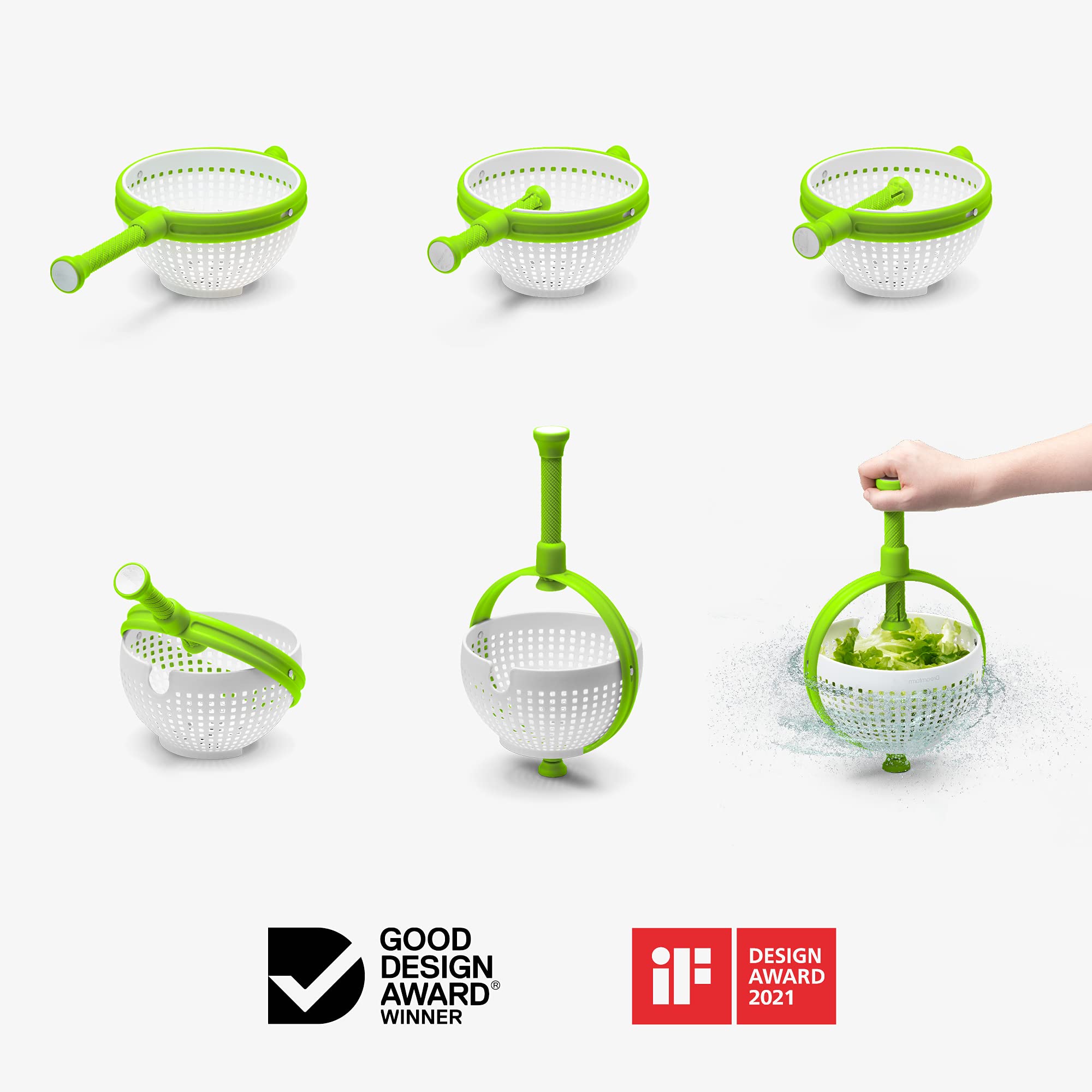 Dreamfarm Spina - Colador de ensalada plegable 2 en 1, fácil de usar, para ensaladas, frutas, verduras, lechuga, color blanco/verde | Colador para ensaladas, verduras, bayas y pasta, antideslizante, mango de fácil agarre, color blanco y verde