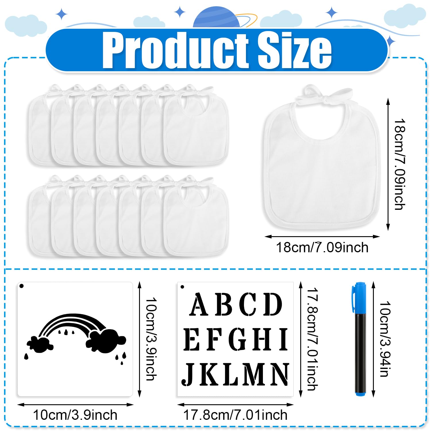 47 Pcs DIY Baby for Bibs Decoration Set Including 15 Pieces White Baby for Bibs to Decorate 22 Pieces 2 Sizes Baby Stencils for Painting 10 Pieces Fabric Markers - Image 2