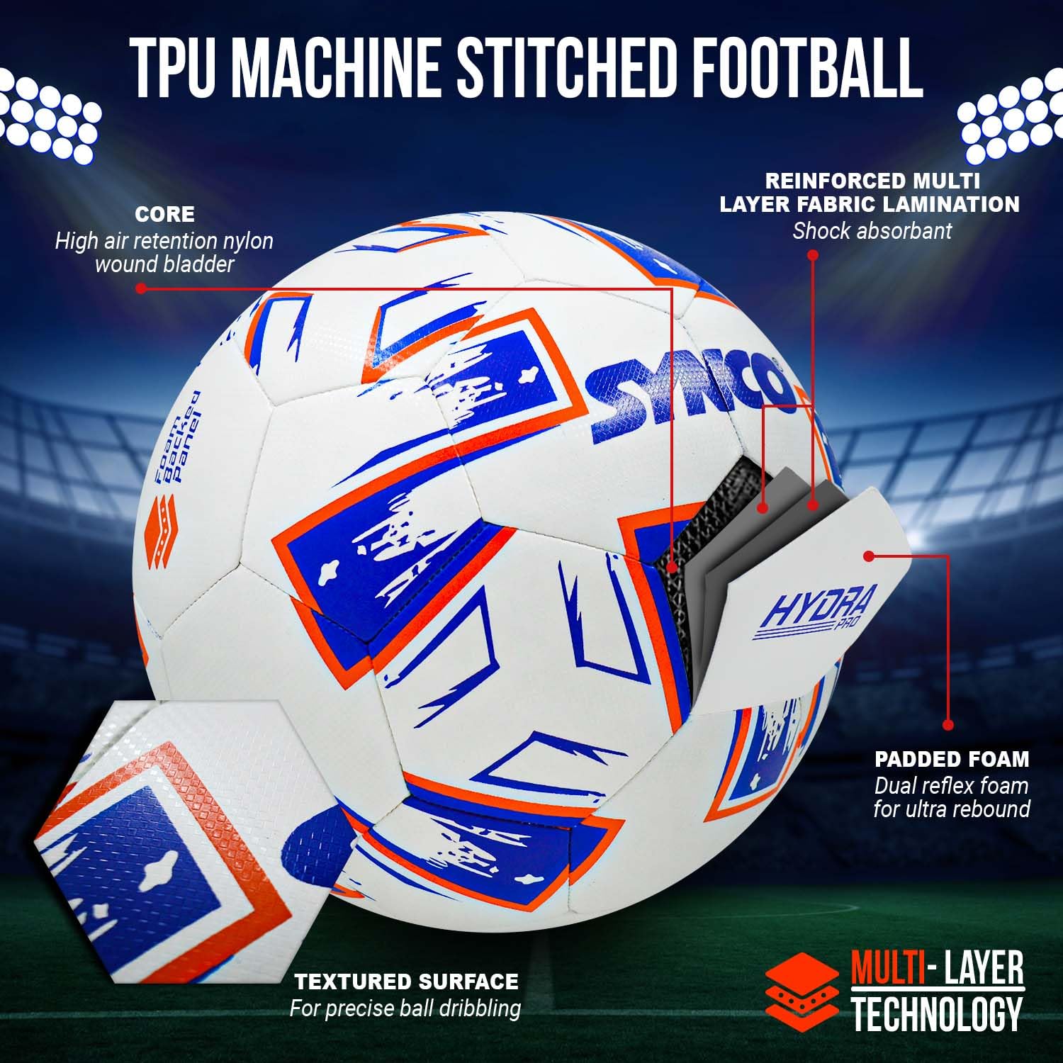 Synco Hybrid Football Hydra Pro | 32 Panel TPU Club Match Ball | High Resilience Foam Backing | Ideal for Soft & Turf Grounds | Soccer Ball Size 5 2