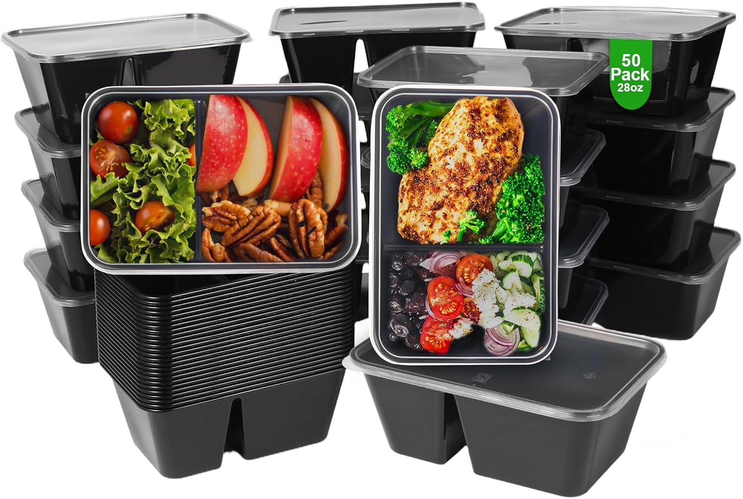 Qewro 50Pack 32oz Meal Prep Containers, 2-Compartment Disposable or Reusable Food Storage Containers with Lids, Plastic Stackable To Go Boxes Microwave, Freezer, Dishwasher Safe