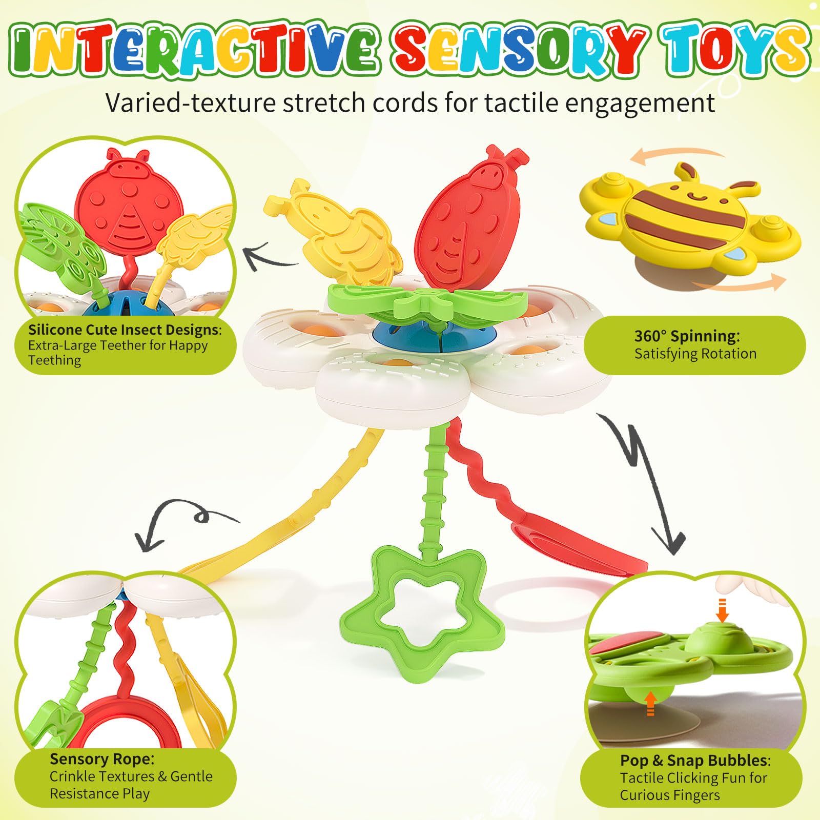 Joollurm 3 Insect Shapes Suction Cup Spinners Bath Toy Set including 1 Montessori Silicone Pull String Activity Toy - Image 3