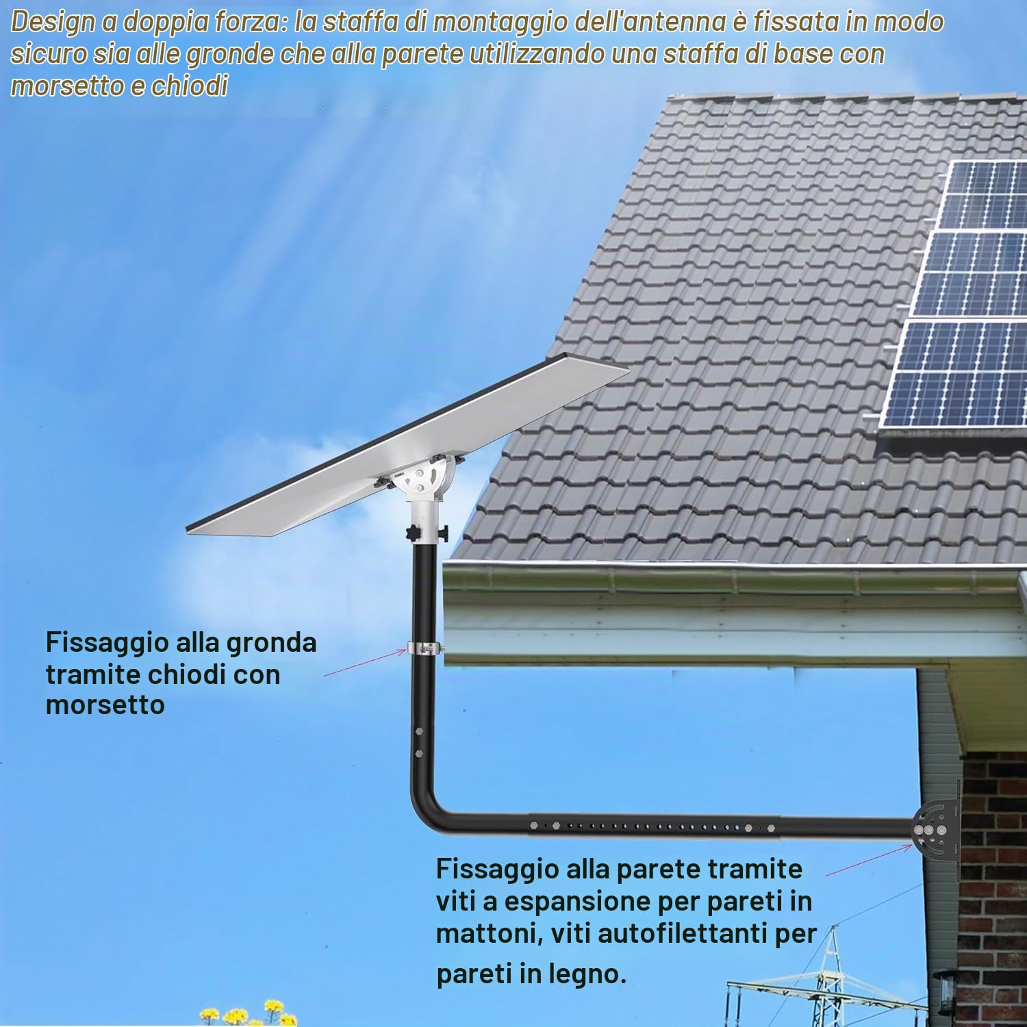 Staffa a muro per antenna a palo regolabile, con gomito a 90°, tubo di prolunga e dadi di fissaggio. Adatta per antenne TV esterne e amplificatori WiFi Star link (nero)