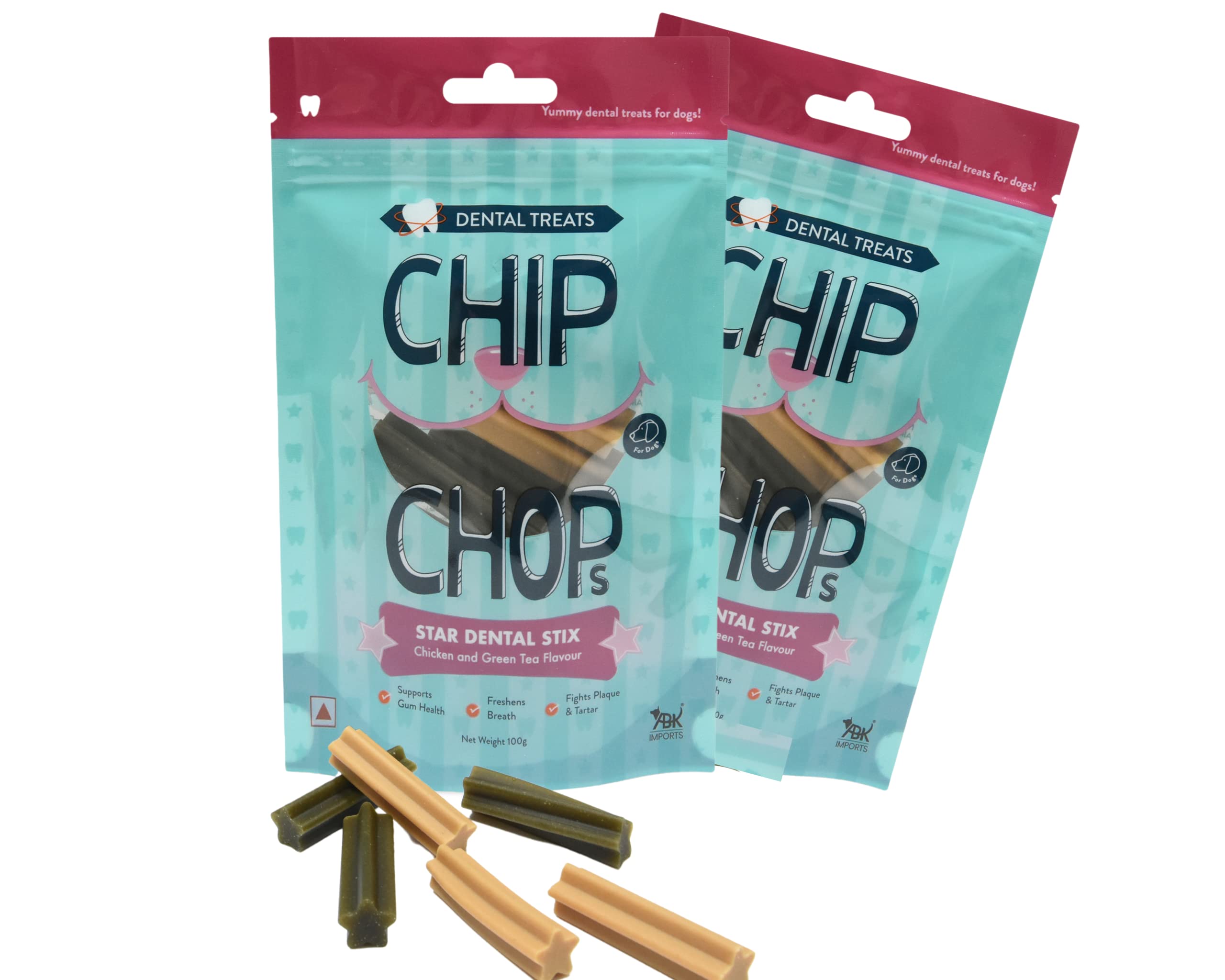 Chip Chops Dog Treats Star Dental Stix - 100g, (Chicken & Green Tea Flavor) | Fresh Breath, Training Stix for All Breeds of Dog - Sold by Foodie Puppies with Free Key Ring