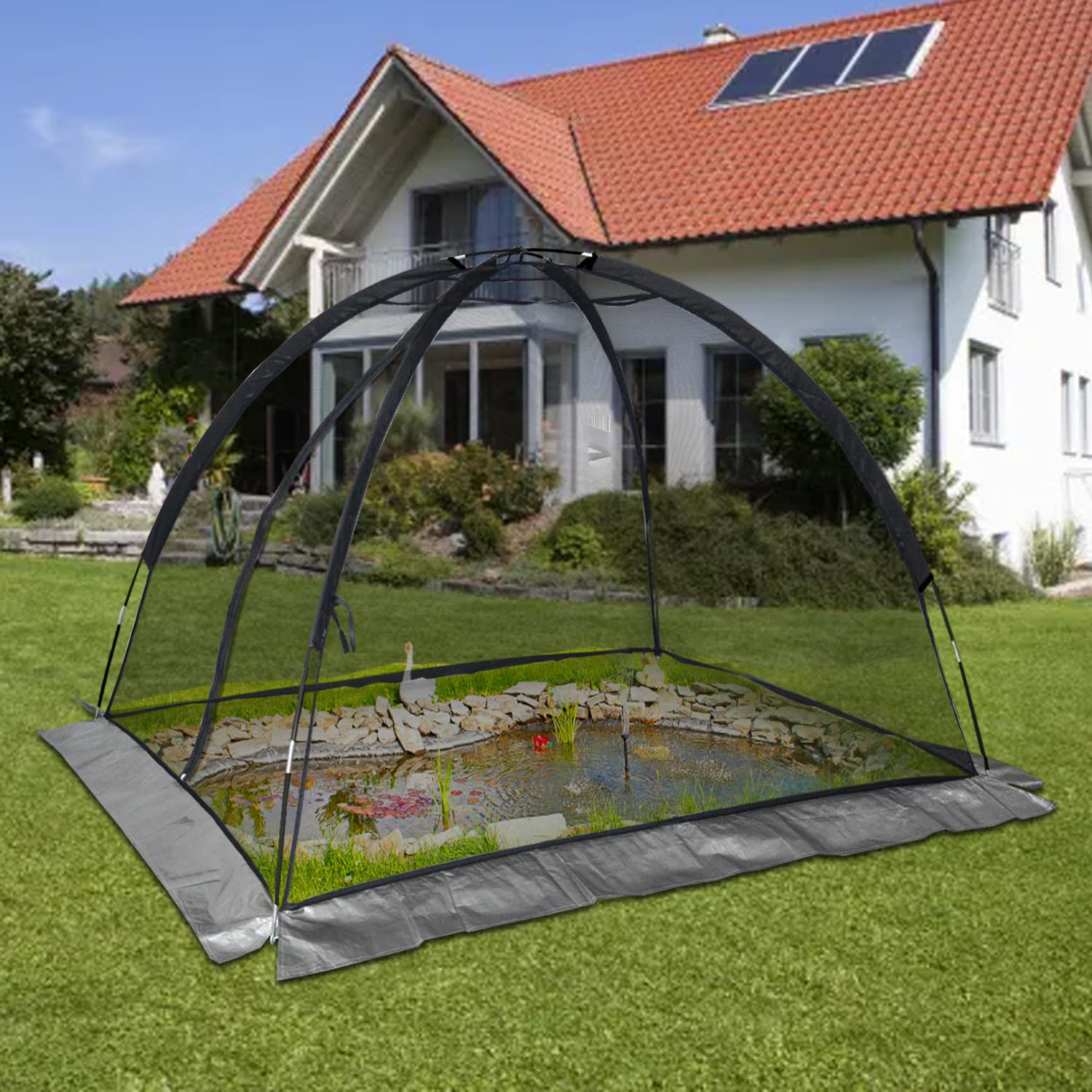 Kapler Teichnetzabdeckung, 3,6 x 3,5 m Teichkuppelabdeckungsnetz, Gartenteichnetze für den Außenbereich, Teichkuppel mit Reißverschluss und Heringen, Teichschutz für Koiteiche, Pflanzen und Gemüse,
