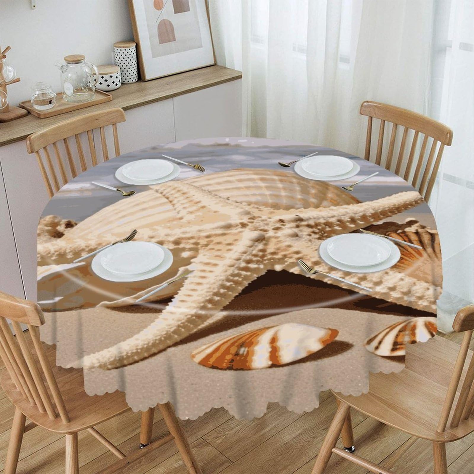 FekiLoot 60 Inch Round Large Seashell Starfish Tablecloth Waterproof Heavy Duty Polyester Table Cloth Spill-Proof Wipeable Table Cover Decorative Circle Dining Tablecover for Party Outdoor