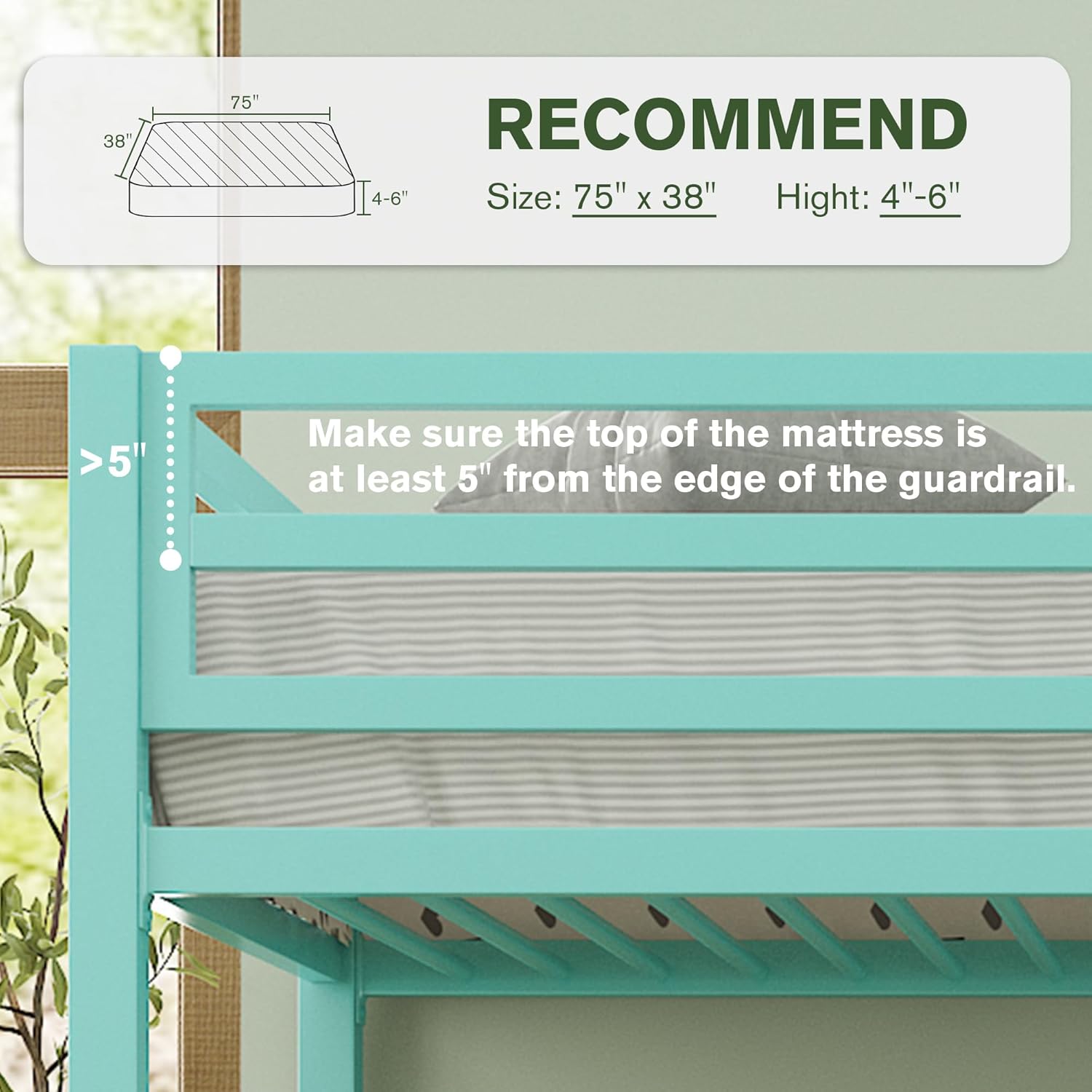 MUTICOR Twin Loft Bed Frame for Juniors and Adults with Safety Guardrail and Ladder,Metal Slats Support, Small Space Saving Furniture for Bedroom Kids Room and Dorm,Aqua Green