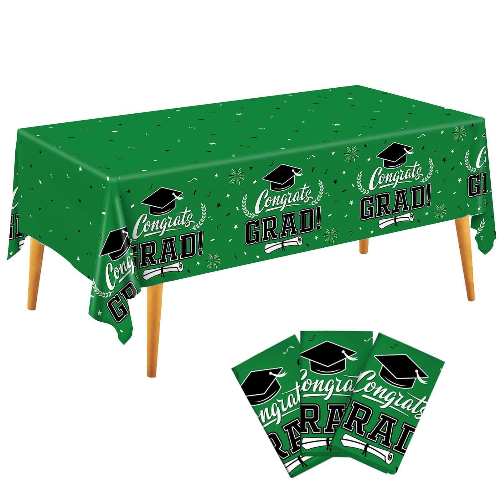 Staraise 2026 Graduation Party Decorations 3 Pcs Green Graduation Tablecloth - Congrats Grad Table Cloth for Class of 2026,Disposable Plastic Grad Table Cover for Party Supplies,51.2x86.6inch