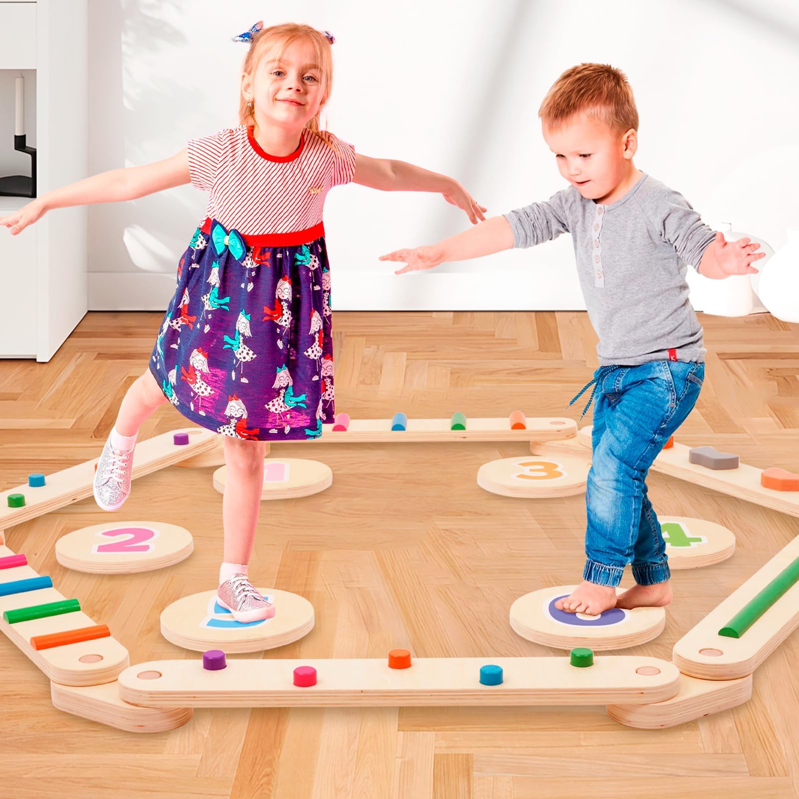 Trave Equilibrio in Legno per Bambini con 6 Pietre di Equilibrio, Giocattolo Montessori per Allenamento Dell'equilibrio per Interni ed Esterni per lo Sviluppo della Coordinazione e Della Stabilità