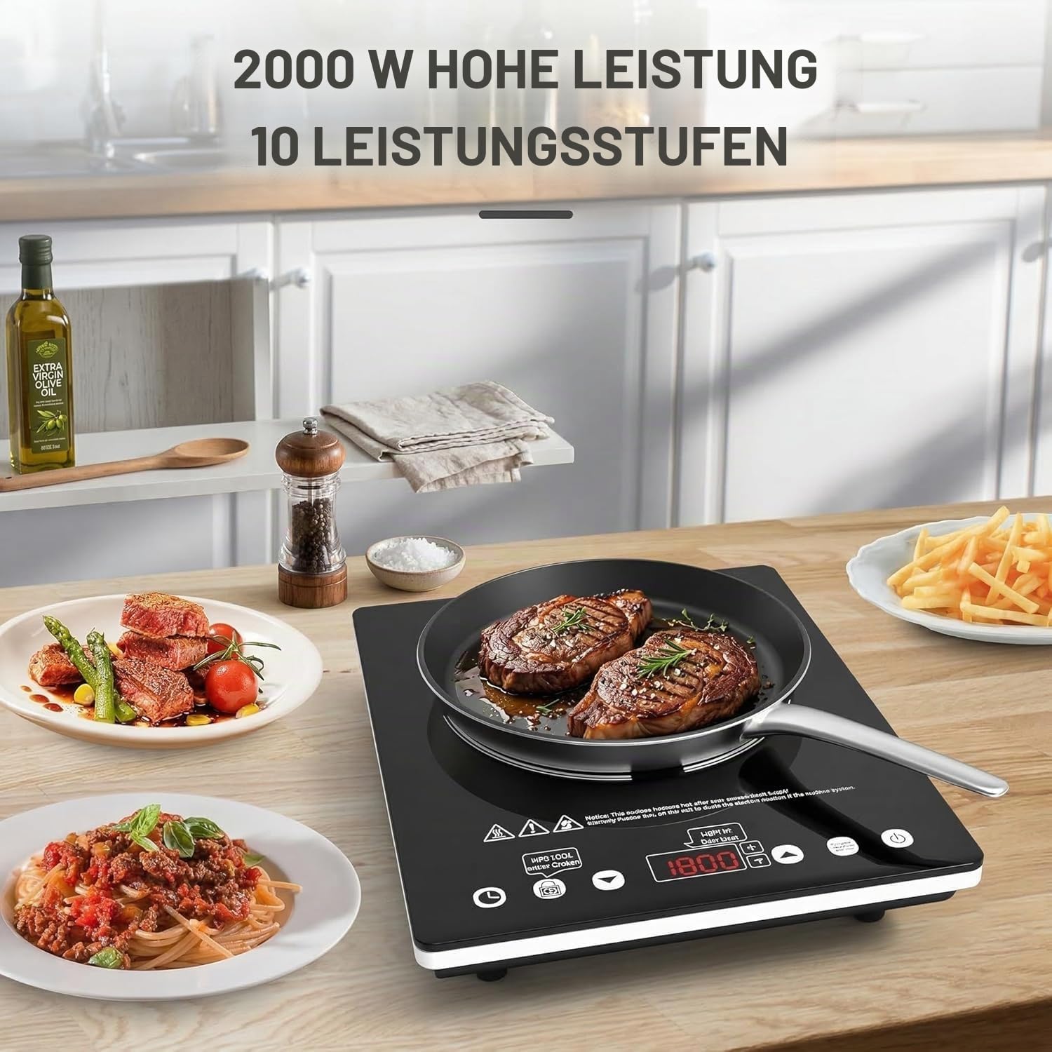 Elektrische Kochplatte 2000W, Glaskeramik Kochfeld 36 cm 220-240V für jede Pfanne, mit Touch-Bedienung, 9 Heizstufen & Timer. Ideal für Singleküche, Wohnmobil und Balkon