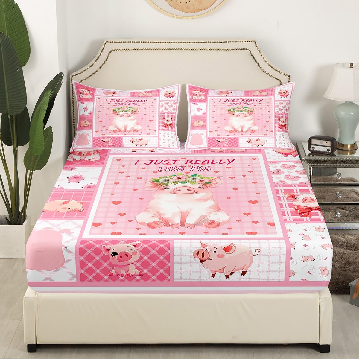 Manfei Cute Pig Kids Fitted Sheet Single Size, Cartoon Animal Theme Bed Cover - Image 3