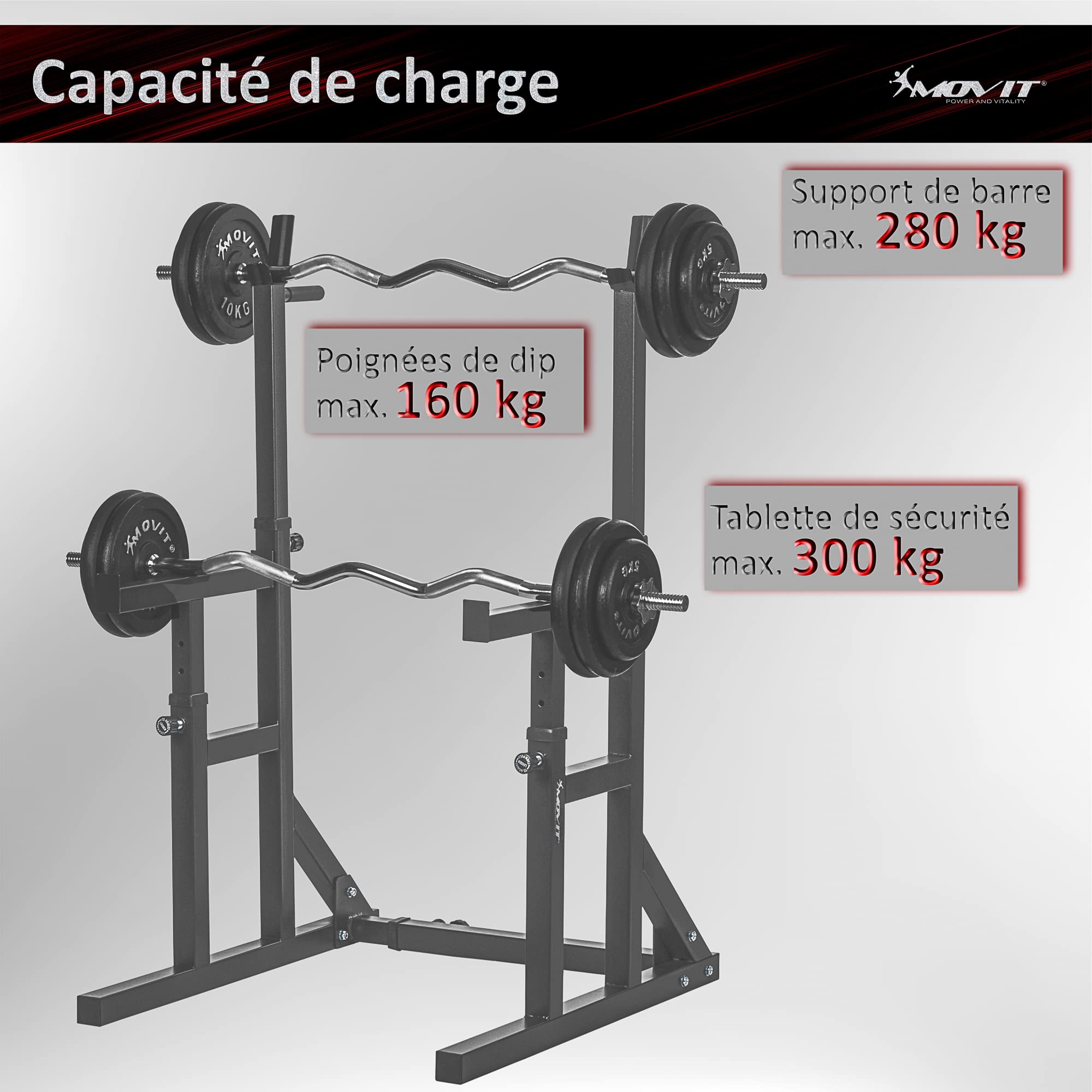 MOVIT Squat Rack Pro avec Station Dip, Hauteur et Largeur réglables, Support pour haltères Support pour haltères Appareil d'entraînement à Domicile Home-Gym, Blanc ou Noir