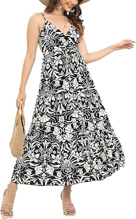 OSTOO Womens Floral Print Maxi Dresses Sleeveless Sleeves Boho Empire Waist Dress