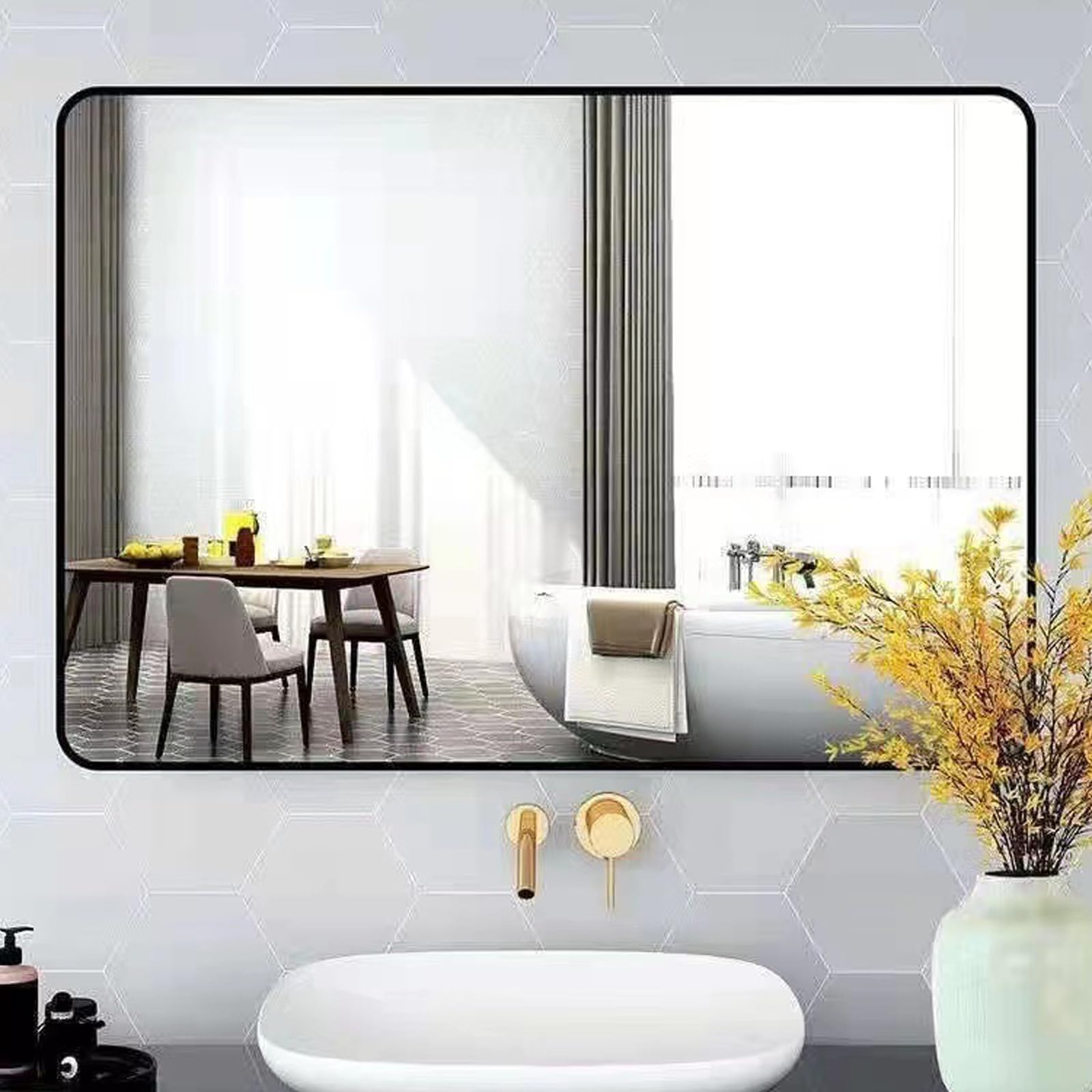 Specchio Espejo de pared negro para baño, espejo de tocador rectangular con marco de metal, 30 x 40 cm, elegante espejo de pared para dormitorio, sala de estar, maquillaje, decoración del hogar.
