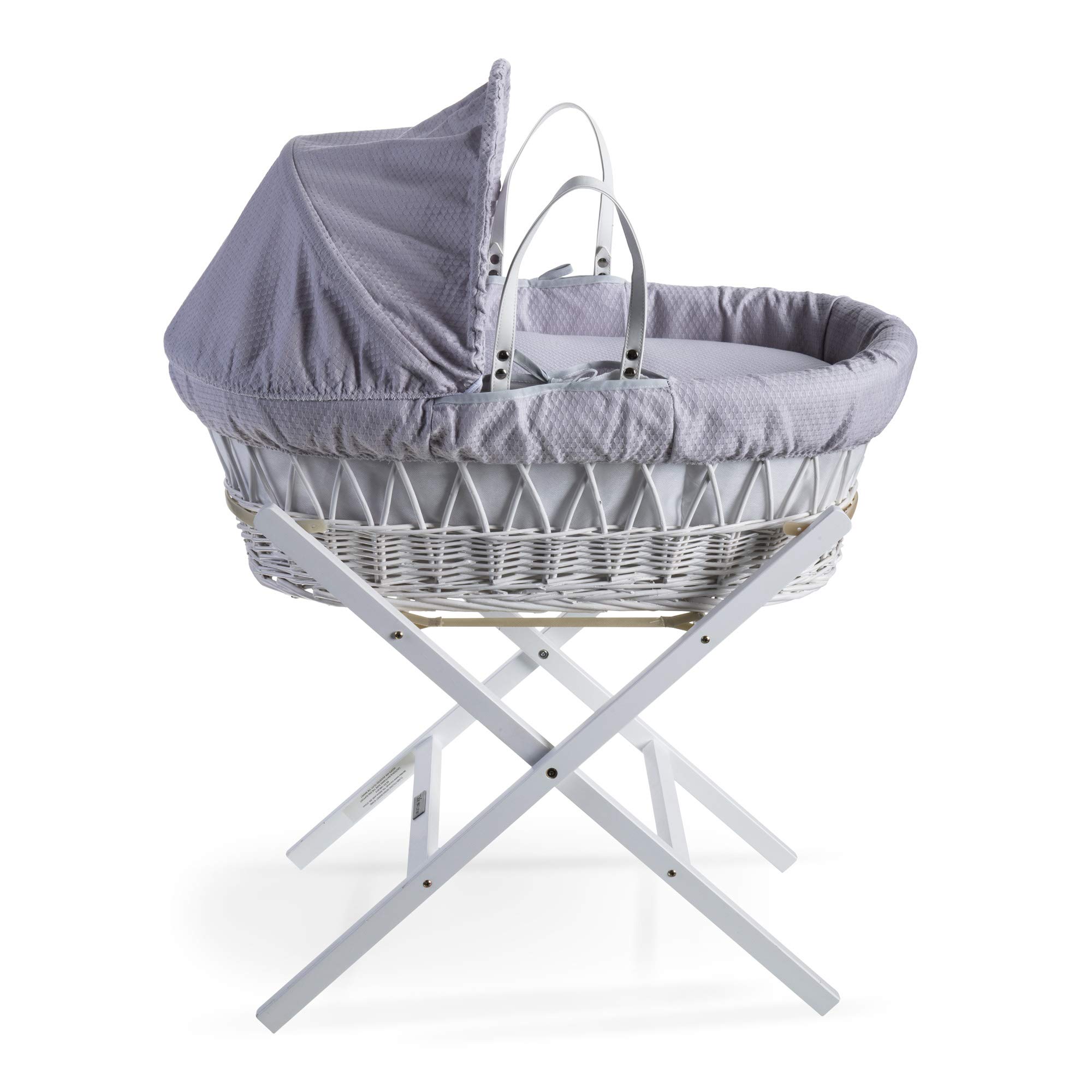 Clair de Lune Cotton Dream Weidenkörbchen mit Bettwäsche, inkl. Matratze, Kapuze, gepolstertem Innenfutter, Decke, in Großbritannien hergestellt, Grau