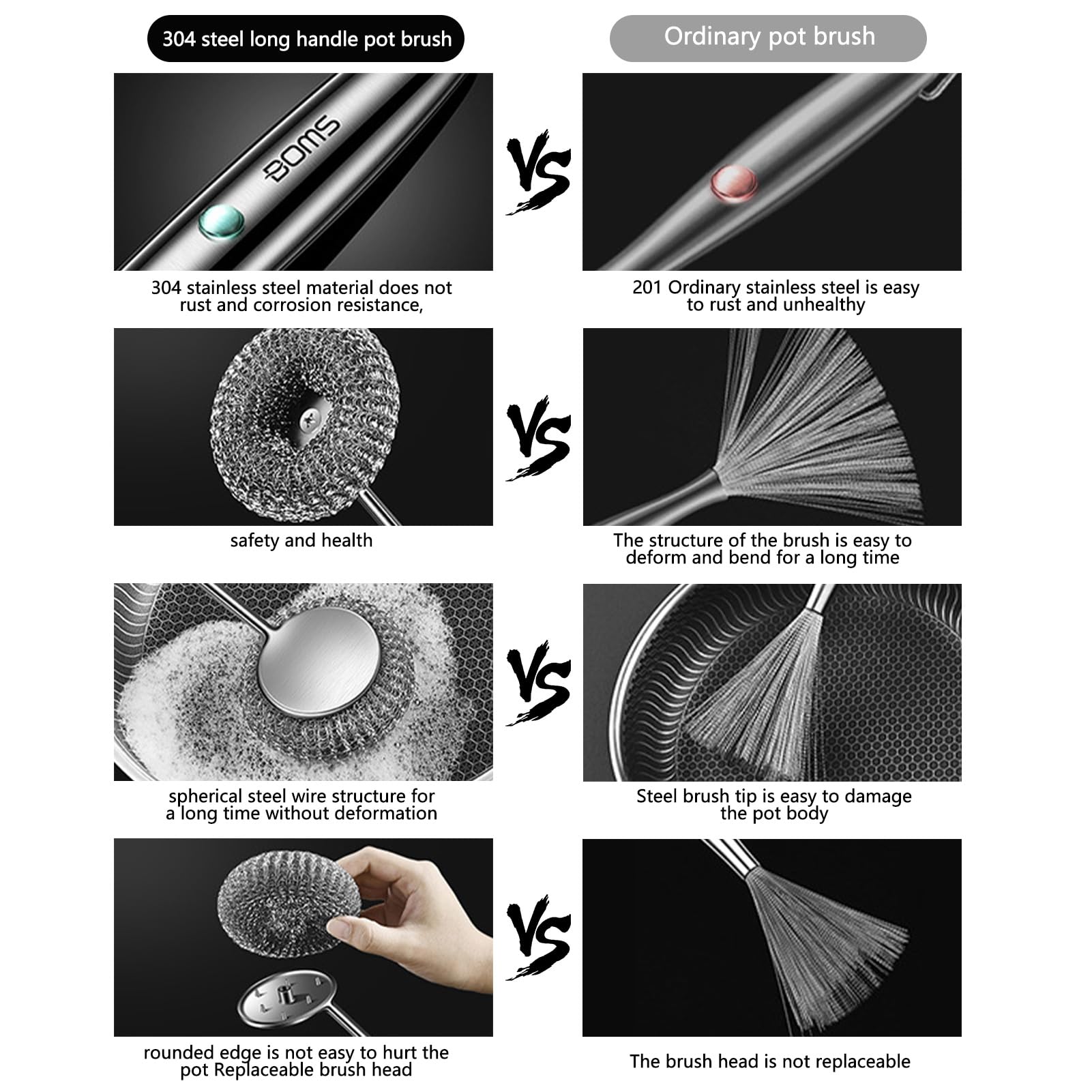 inless Steel Scourer Set Szczotka z długim uchwytem, stalowa kulka i śrubokręt, ciężkie, metalowe podkładki do szorowania tłuszczu i usuwania brudu z garnków, naczyń i naczyń