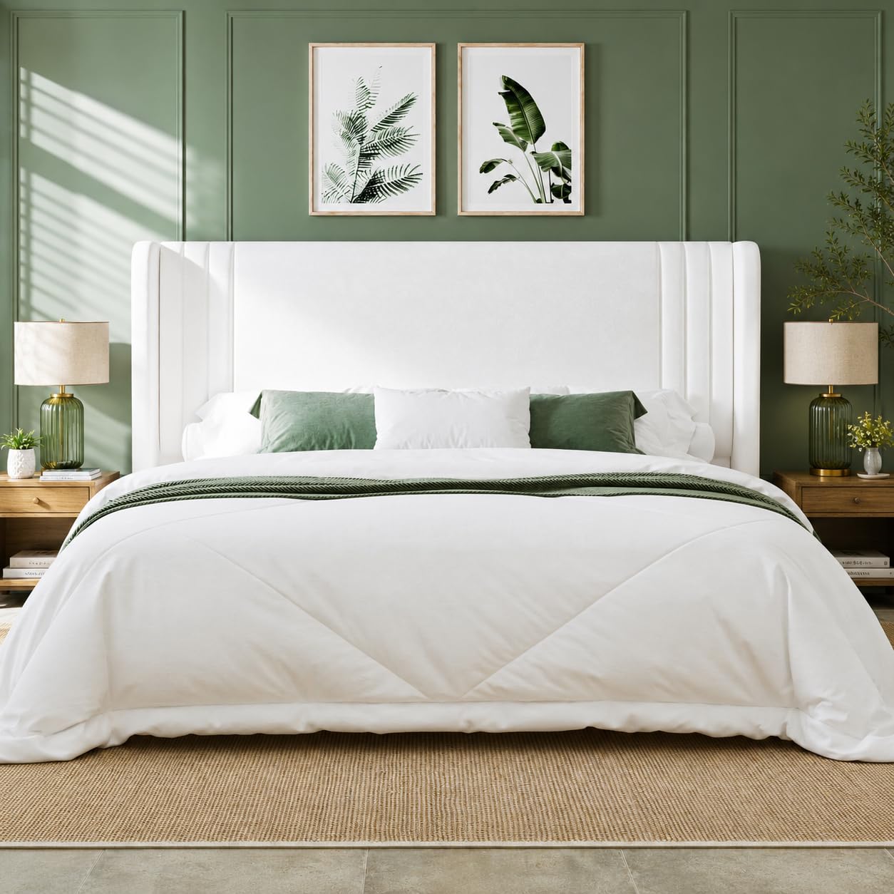 Allewie King Size Velvet Platform Bed Frame Tall Wingback Headboard White