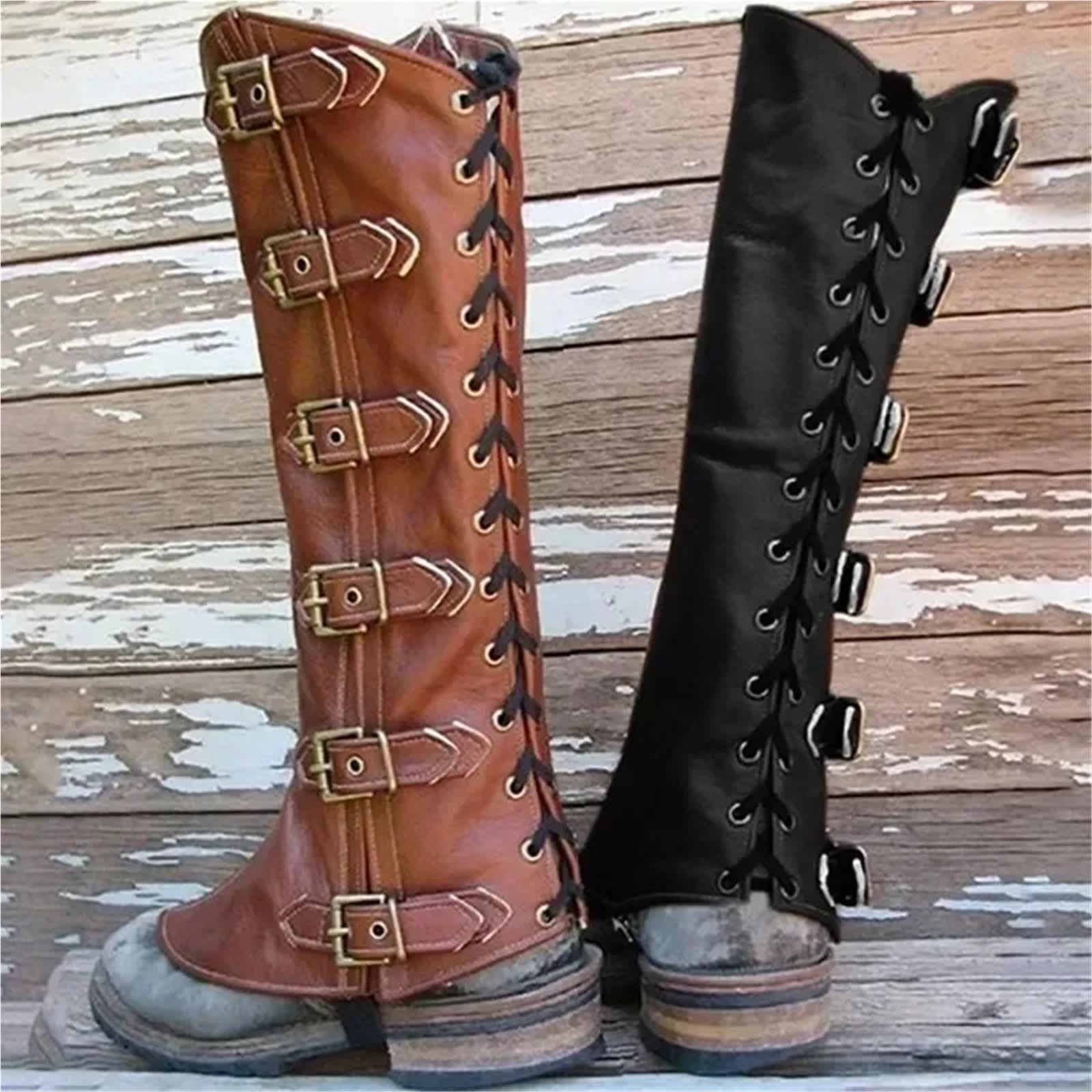 Beinschienen Mittelalter,Mittelalter Schuhe Mittelalterliche Ritter Leder Bein Rüstung Beinschienen Steampunk Stiefel Schuhe Abdeckung Gamasche for Männer Frauen(Black)