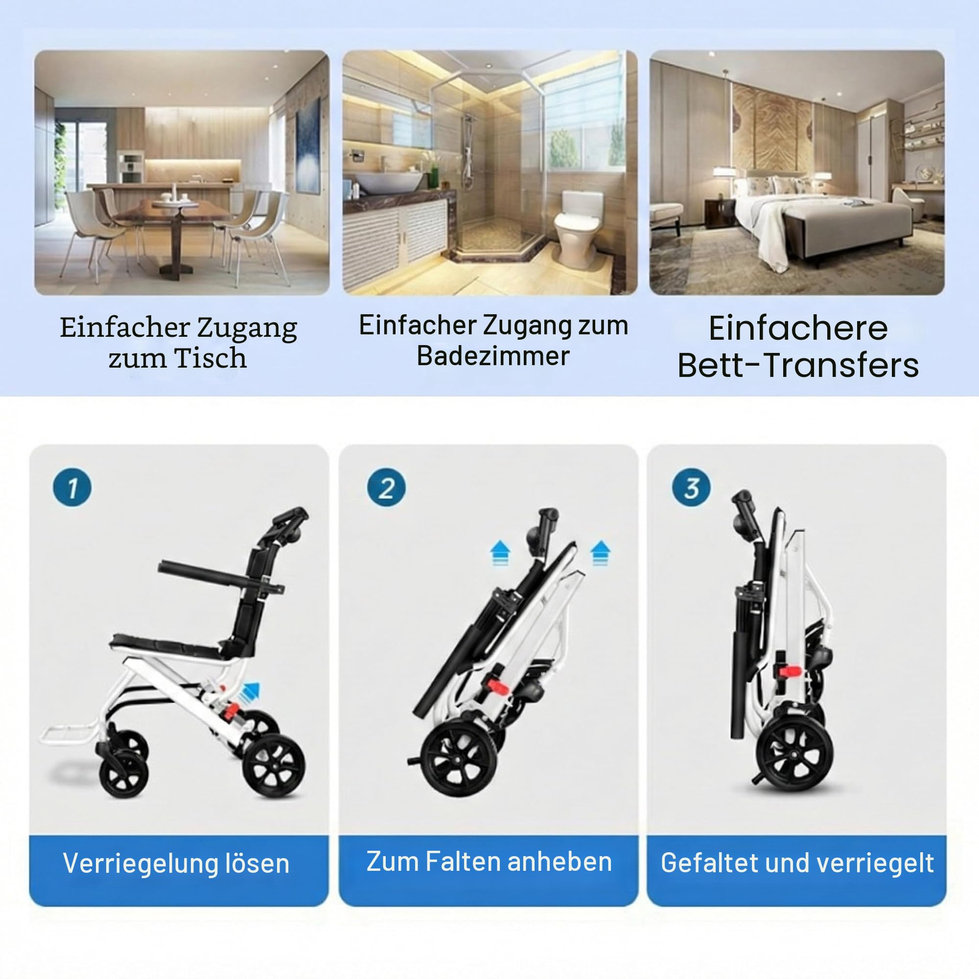 Ultraleichter faltbarer Reiserollstuhl mit Handbremse, leichter 8,2 kg Kohlenstoffstahlrahmen, 280° drehbare Räder, verstellbarer Sicherheitsgurt, tragbarer Outdoor-Rollstuhl für Reisen mit dem