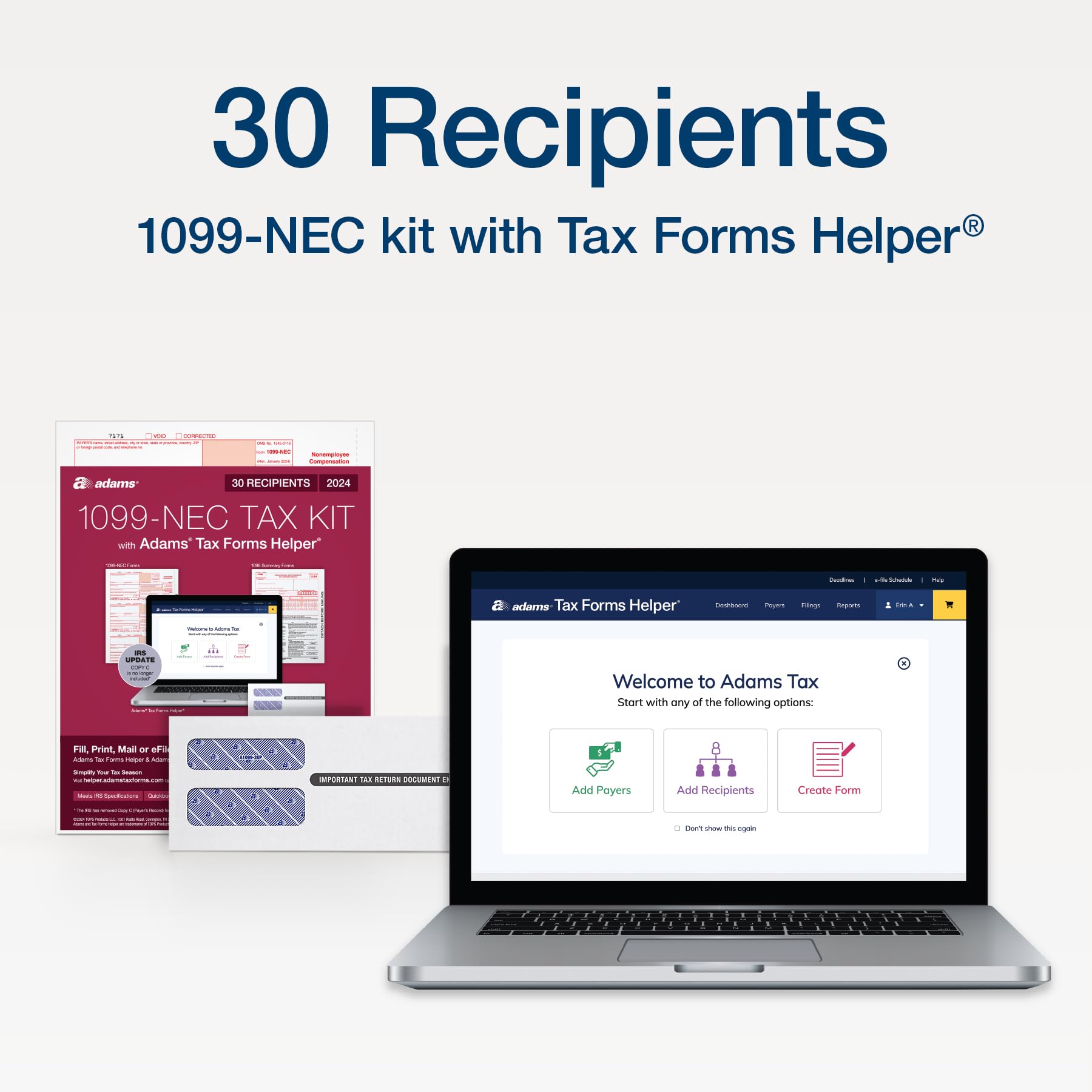 Condition photo showing New/Like New for Adams 2024 1099 NEC Tax Forms Kit for 30 Recipients, 4-Part 1099 Forms, 3 1096 Forms, Self Seal Envelopes, Access to Adams Tax Forms Helper (1009317)