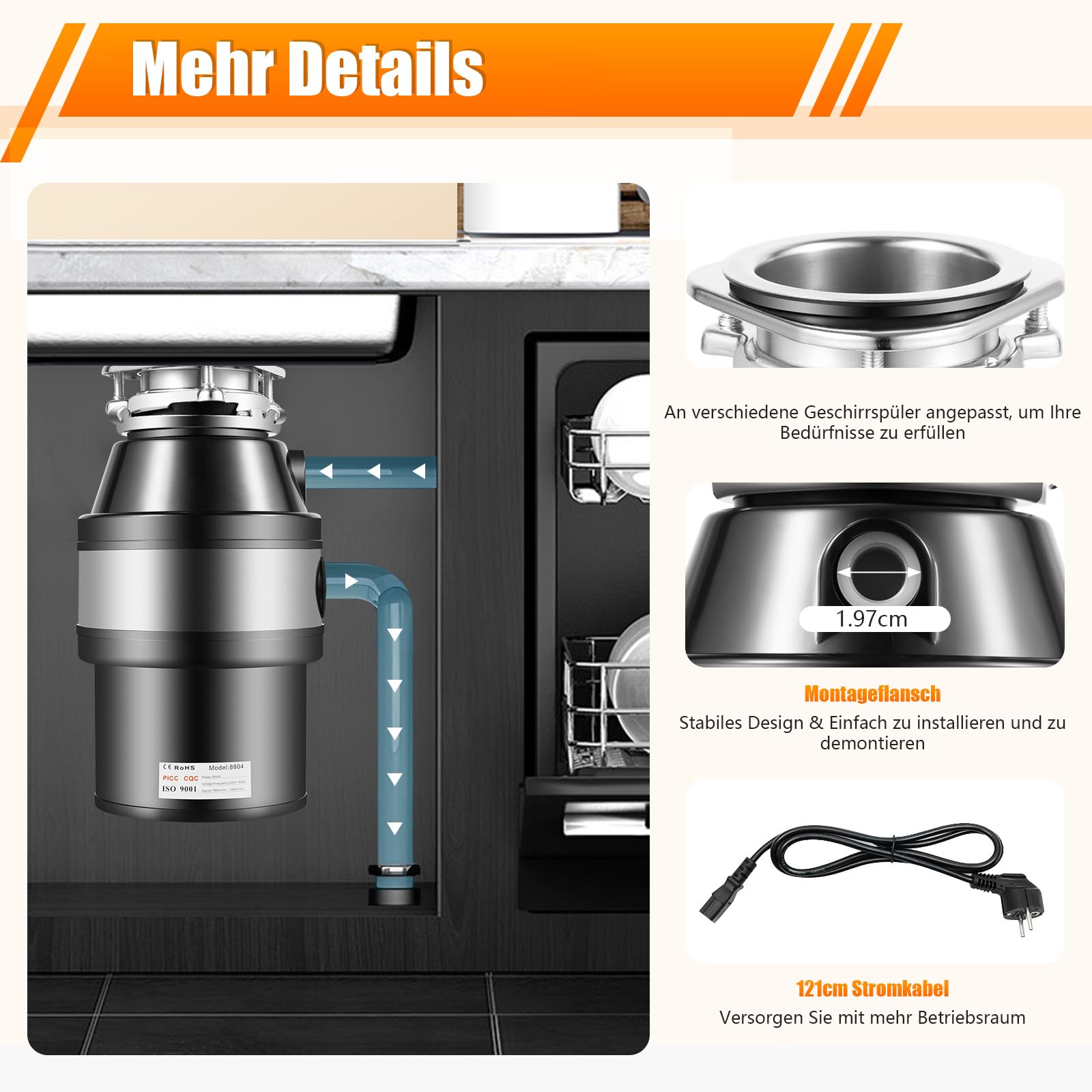 Trituradora de residuos de cocina, 1,2 l, 560 W, triturador de residuos de cocina, trituradora de residuos de alimentos, trituradora de residuos domésticos, eliminación de residuos de