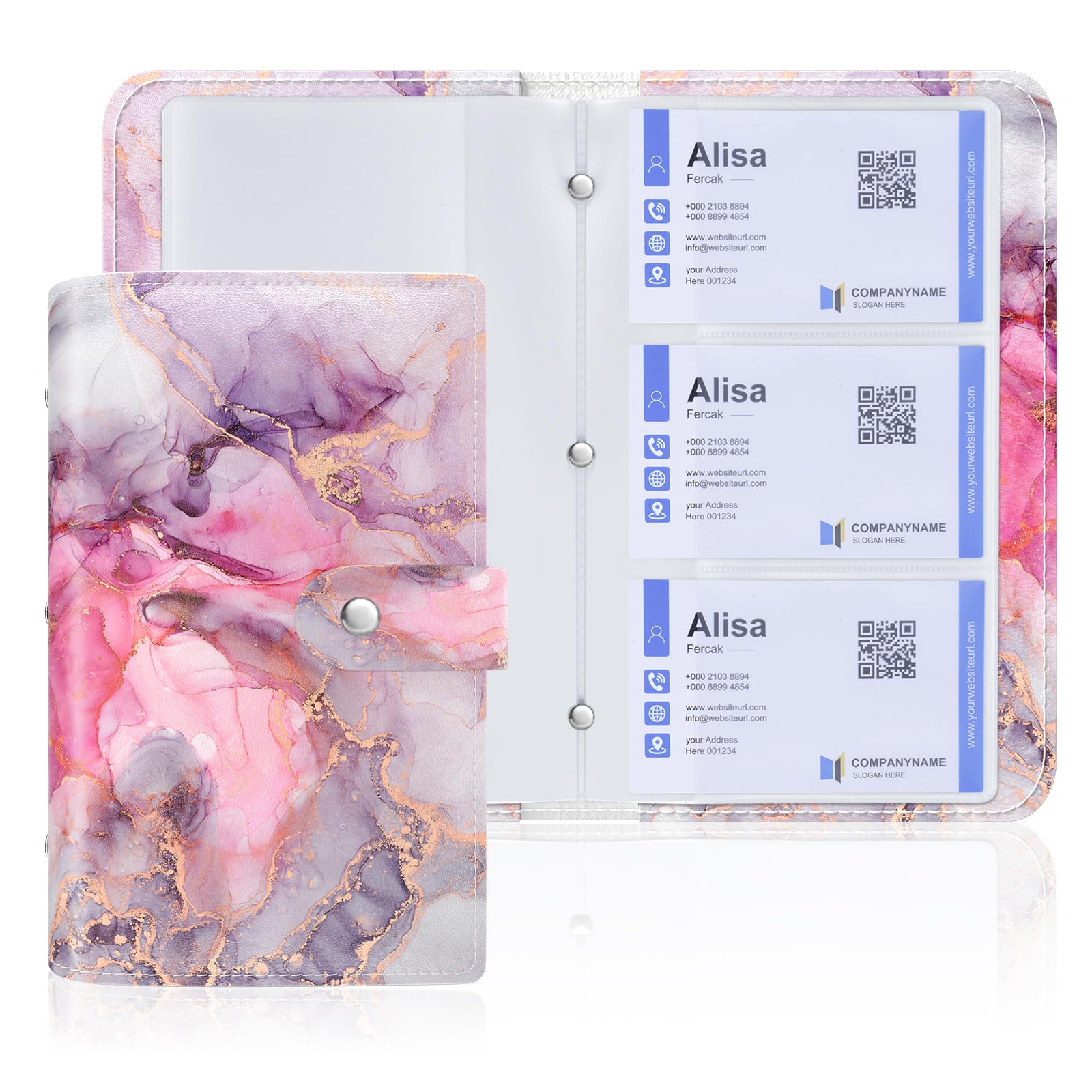 Rouidr Business Card Organizer, RFID Business Credit Card Holder with 96 Card Slots, Portable Leather Card Wallet for Women, Red Ink Marble