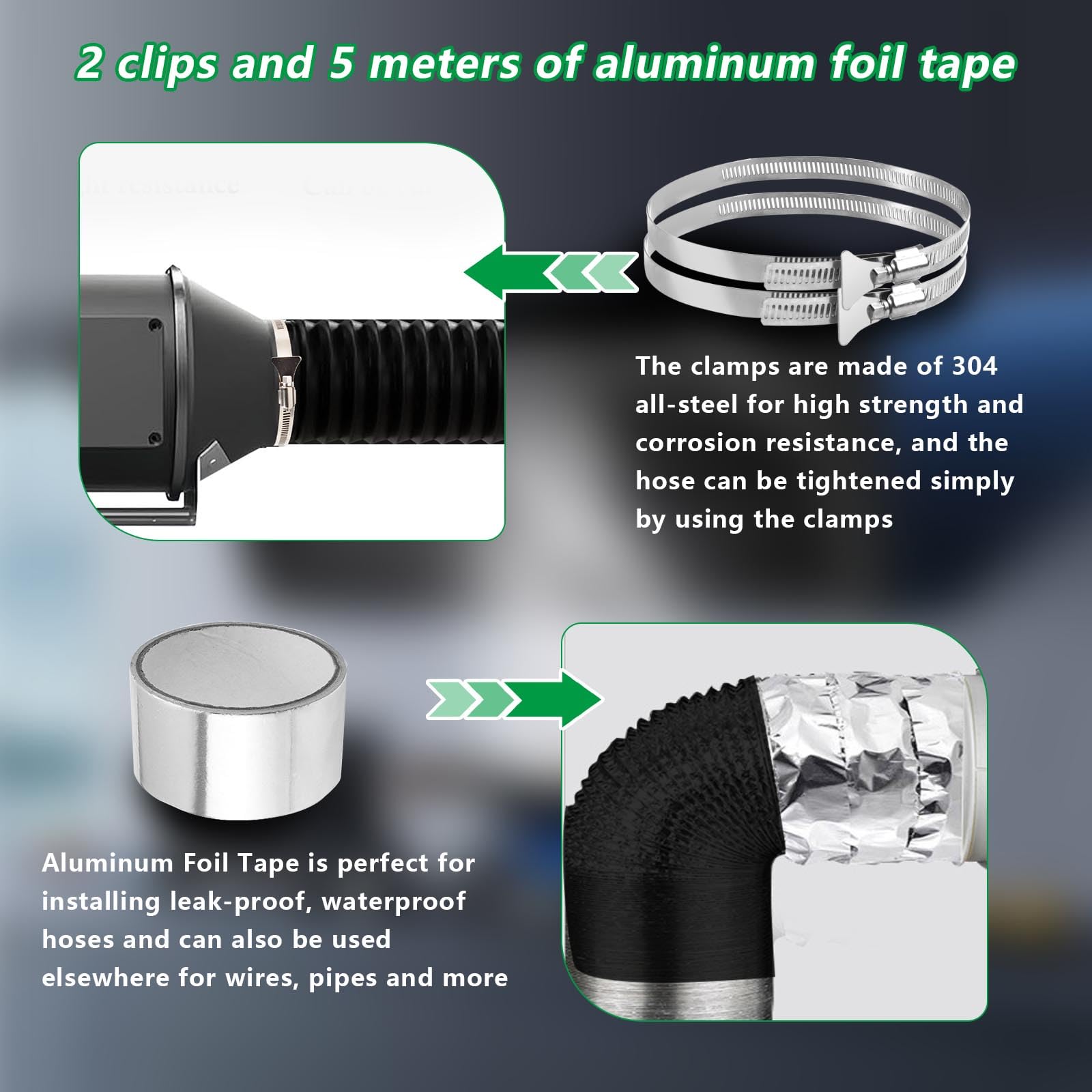 100mm Tumble Dryer Vent Hose 4.2m Long PVC Aluminium Flexible Ducting Hose with 2 Clamps,1 Volume Tape Black Air Ducting Vent for Air Conditioner HVAC Ventilation - Image 4