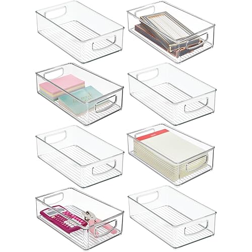 mDesign Small Plastic Office Storage Container Bins w/Handles for Organization in Filing Cabinet, Closet Shelf, Desk Drawers, Organizer for Notes, Pens, Pencils - Ligne Collection, 8 Pack - Clear