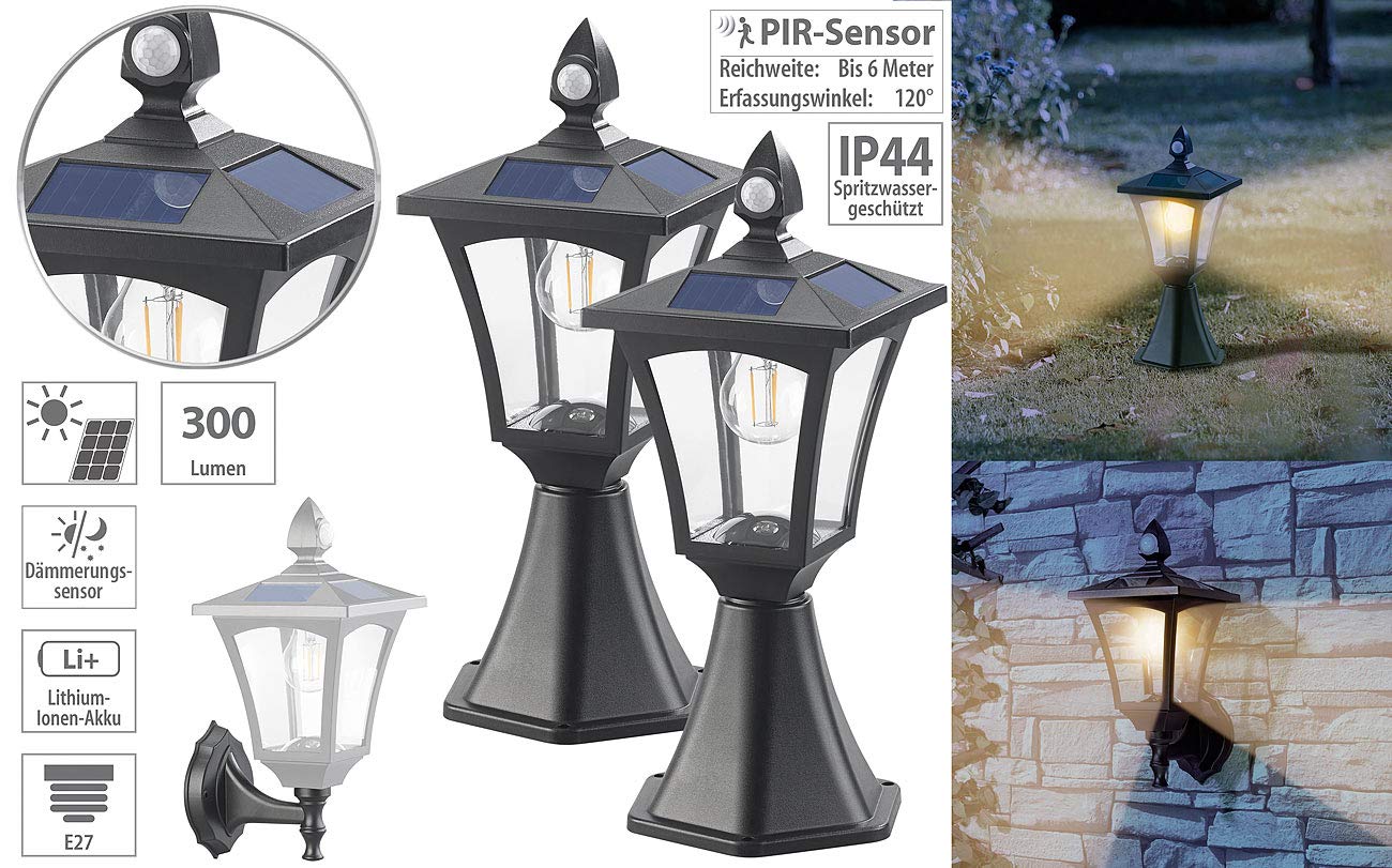 Royal Gardineer Stand Solarleuchten: 2er-Set Solar-LED-Stand- & Wandlaternen, PIR-Sensor, 300 lm (Außenleuchte Standleuchte, SolarLED-Leuchte für Gatensäule)
