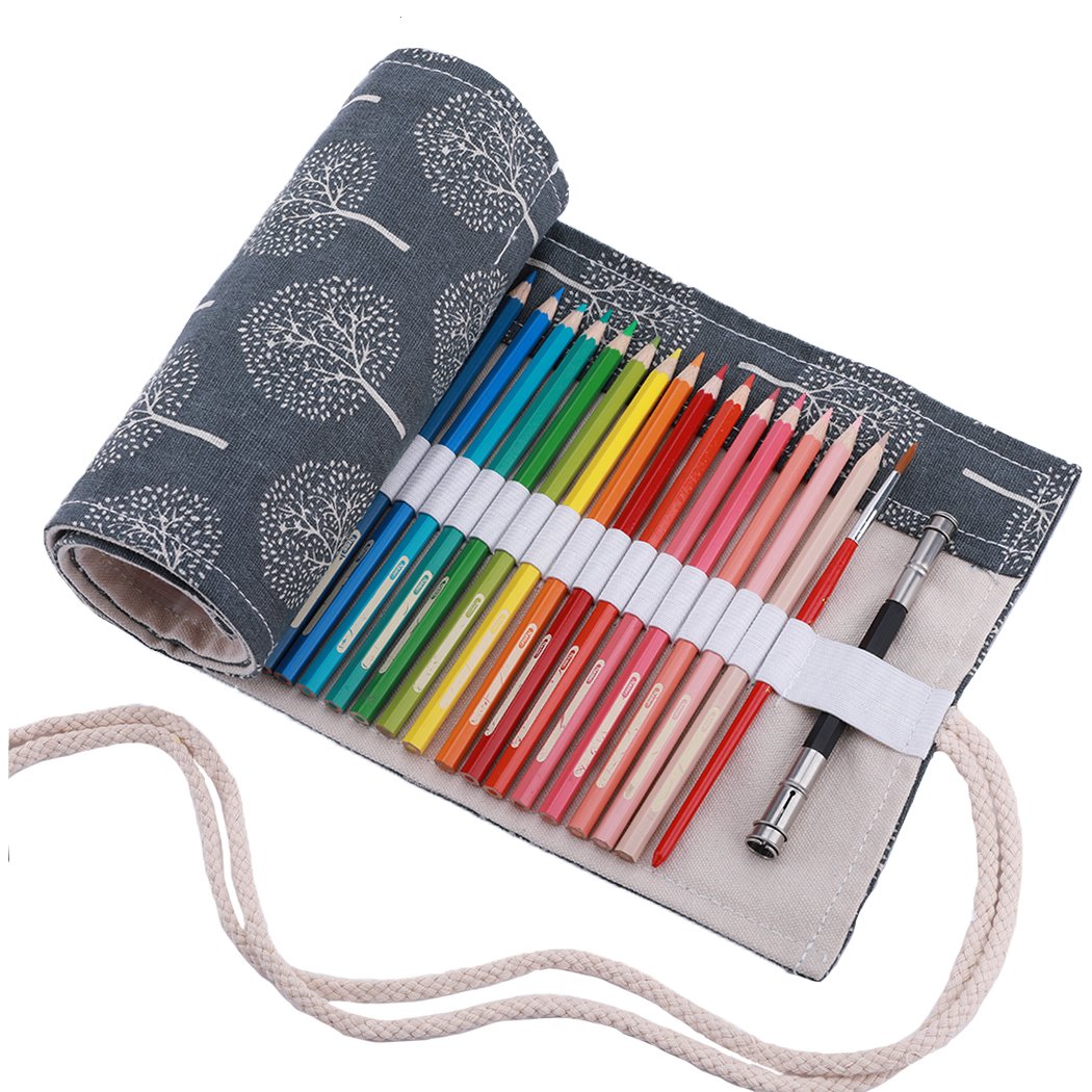 Amoyie Roll Up Pencil Case, Pen Organiser, Pencil Wrap 72 Holes, Grey Tree — image 1