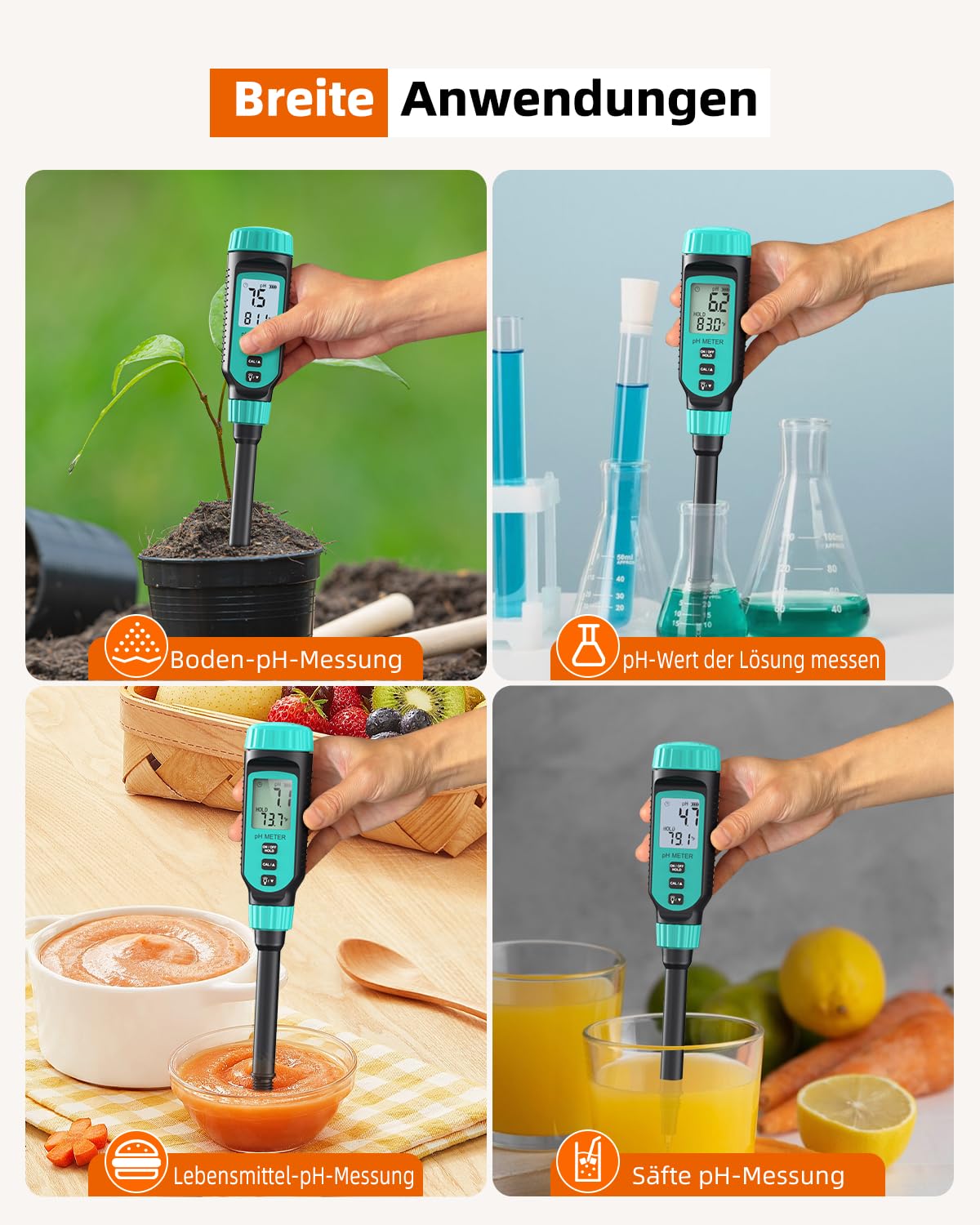 Tadeto pH Messgerät, Digitales Boden pH Messgerät mit Alloy Schutzhülle und LCD-Display für Garten, Wasser, Lebensmittel