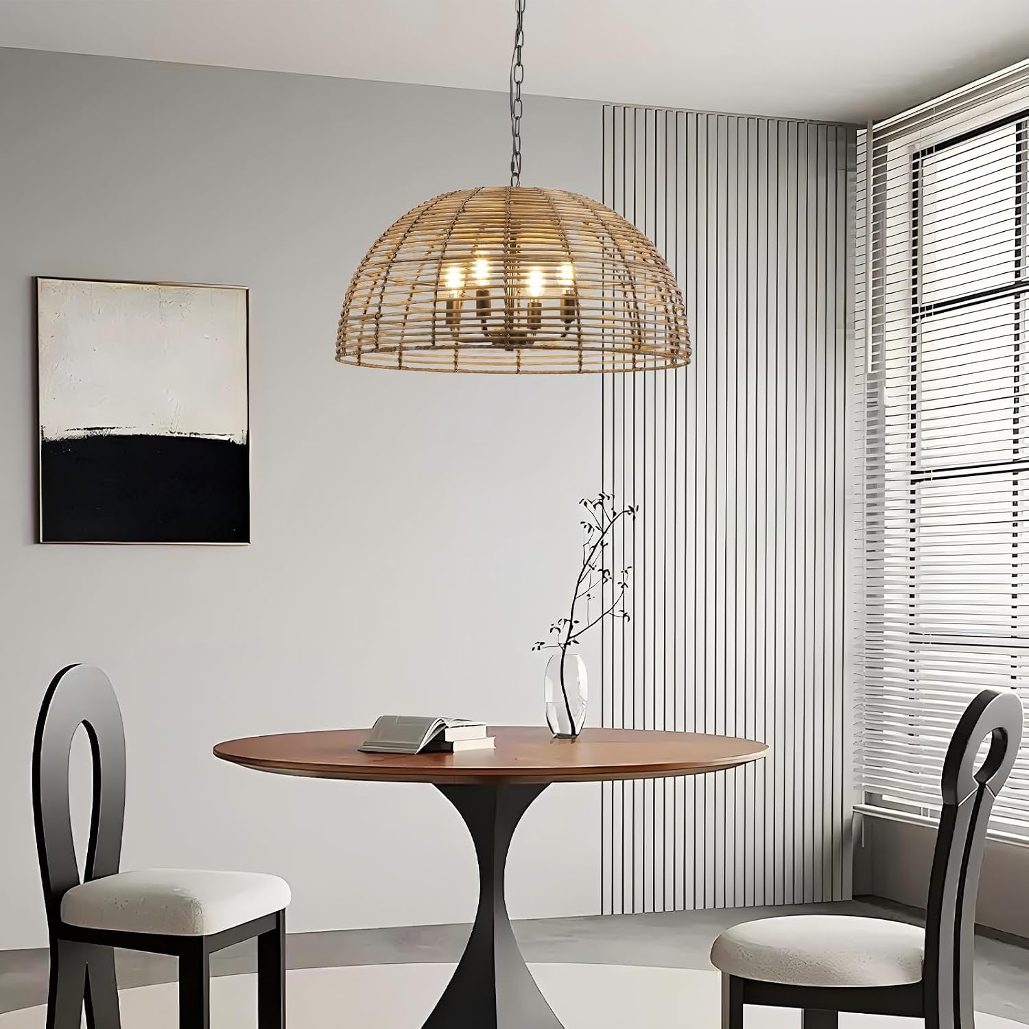 OCIOC Rattan Pendant Lighting, 23.6" Kitchen Island Hanging Light Fixtures,Large Boho Hand-Woven Chanderlier, E26 Farmhouse Retro Ceiling Chandelier 4-Lights For Dining Room Kitchen Island Living Room